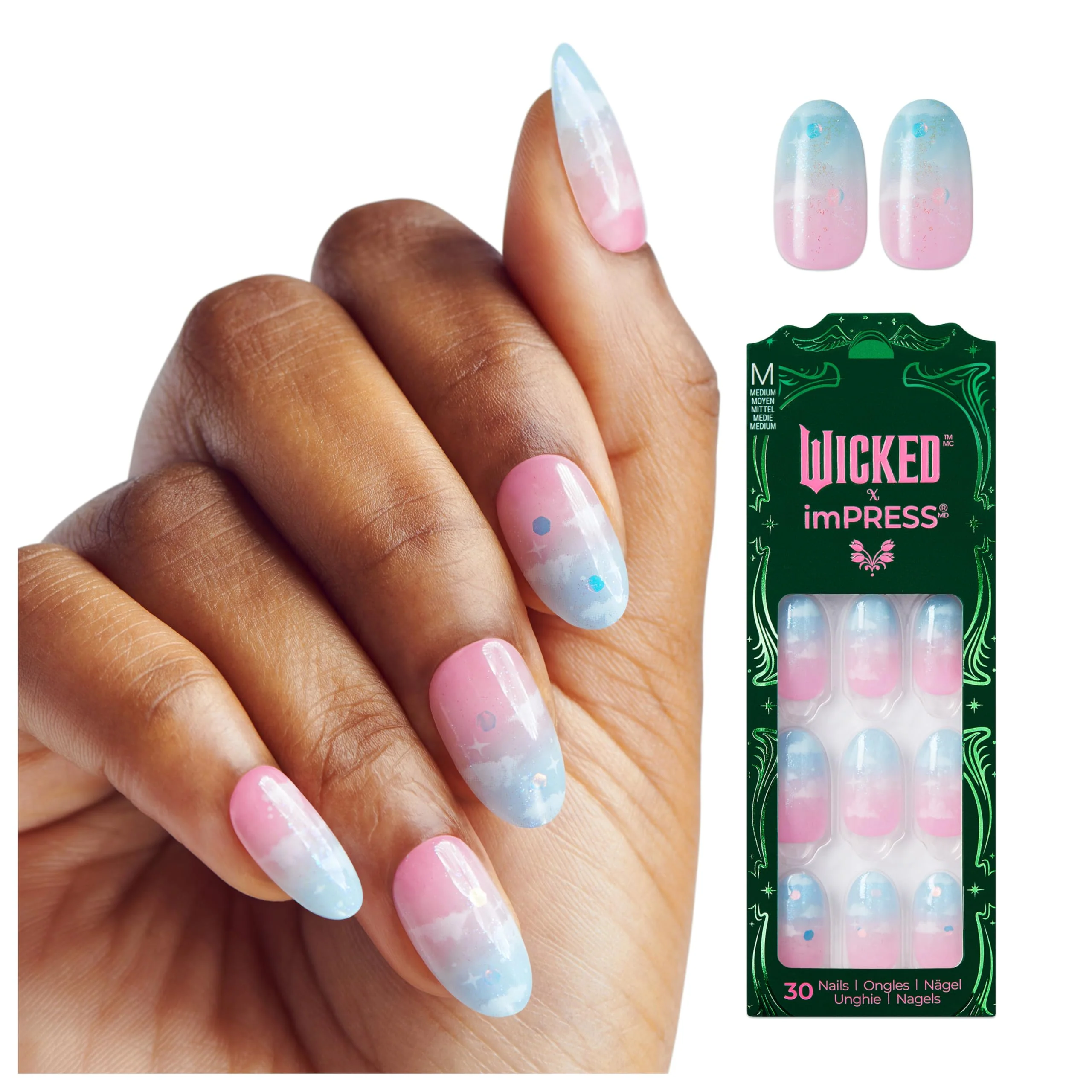 Original Design WICKED X imPRESS Press On Nails New Improved Adhesive Up To 10 Day Hold Destined To Fly Pink Sky Blue Medium Oval Includes 30 Fake Nails 1 Excellent