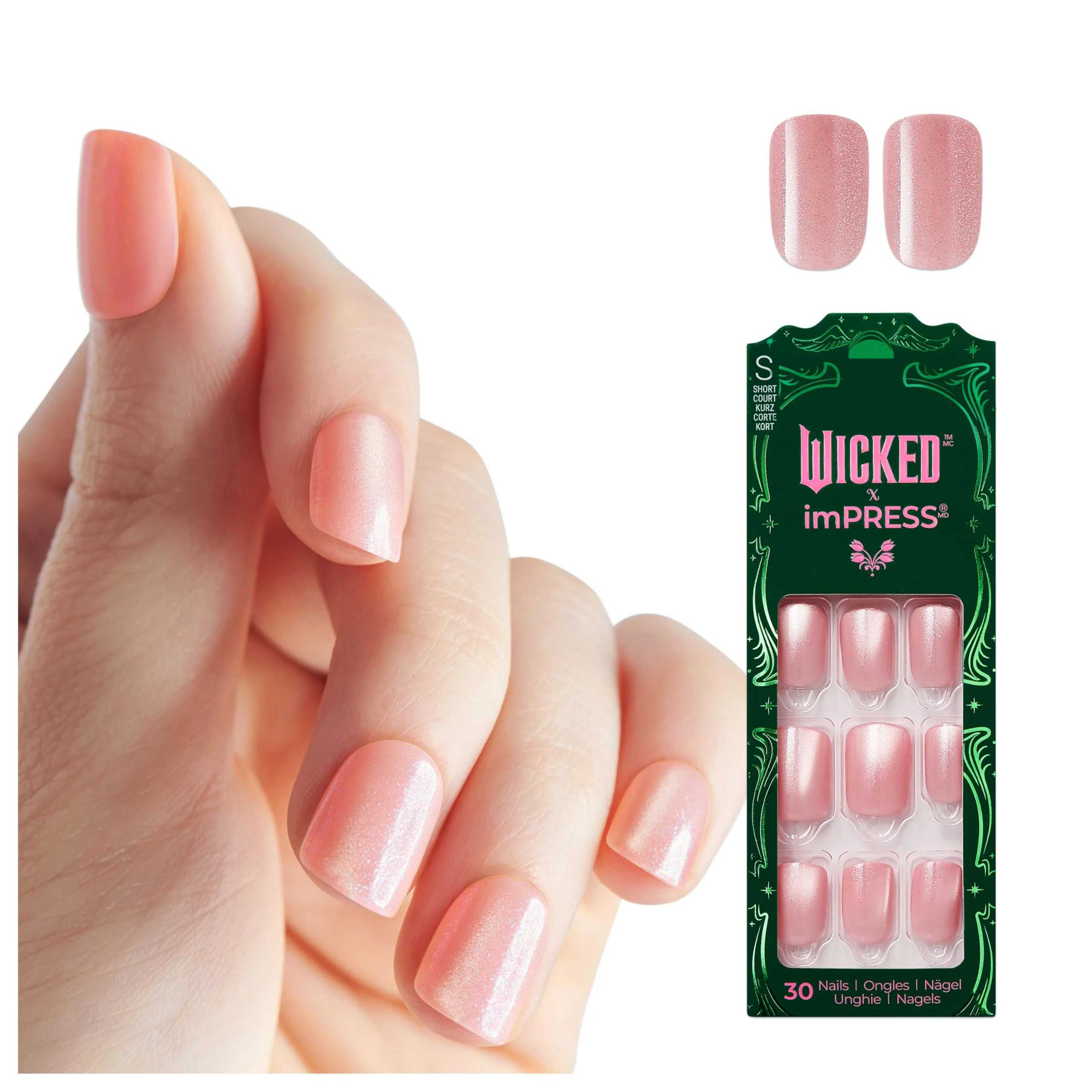 Selected WICKED X imPRESS Press On Nails New Improved Adhesive Up To 10 Day Hold Glinda-fied Pink Short Squoval Includes 30 Fake Nails 1 Prep Pad 1 Proven