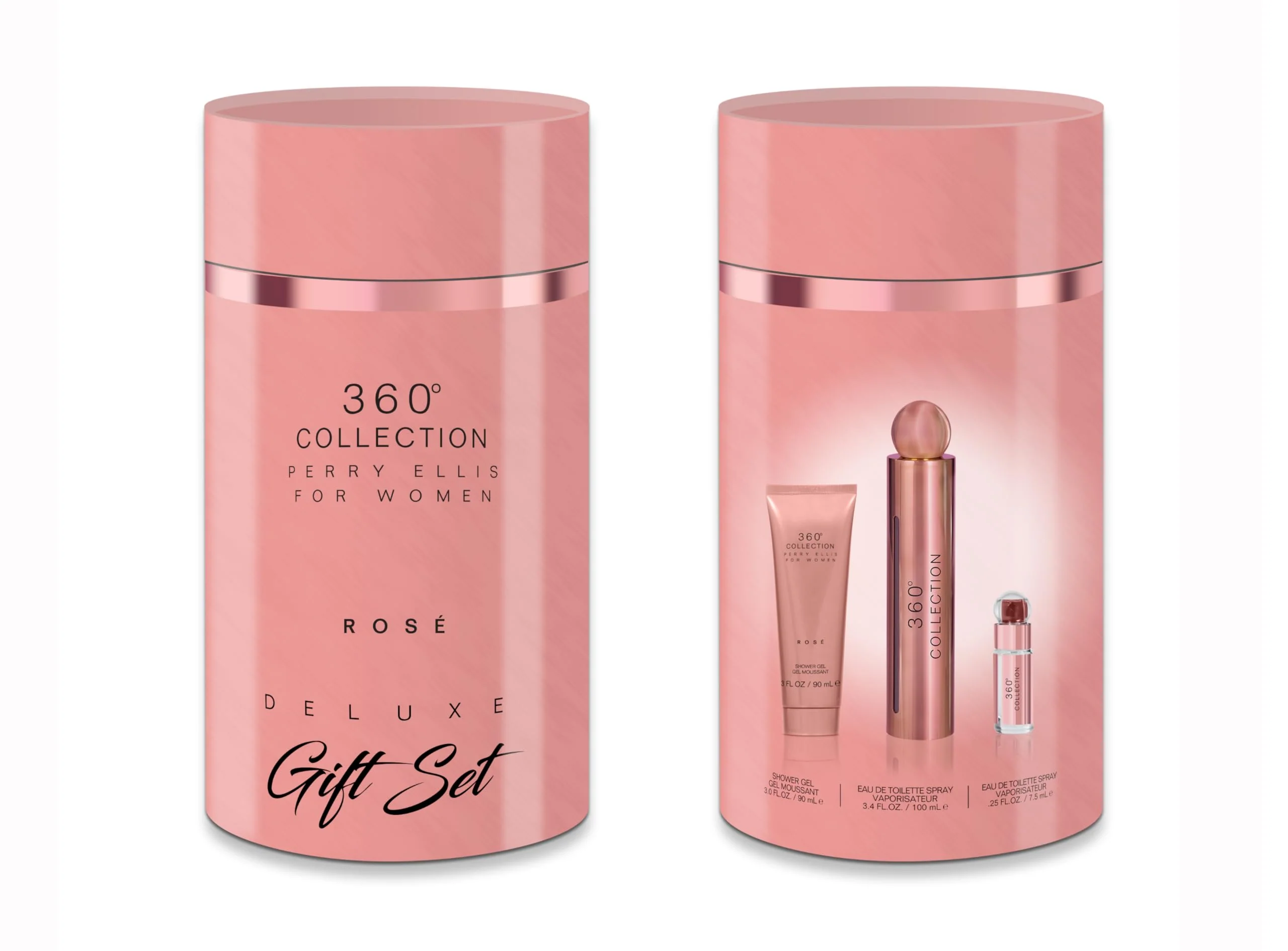 Responsible Perry Ellis 360° Collection Rosé - 3-Piece Canister Gift Set - 3.4 fl oz Eau de Parfum 3 oz Shower Gel .25 fl oz EDP Mini Travel spray - bright Soft