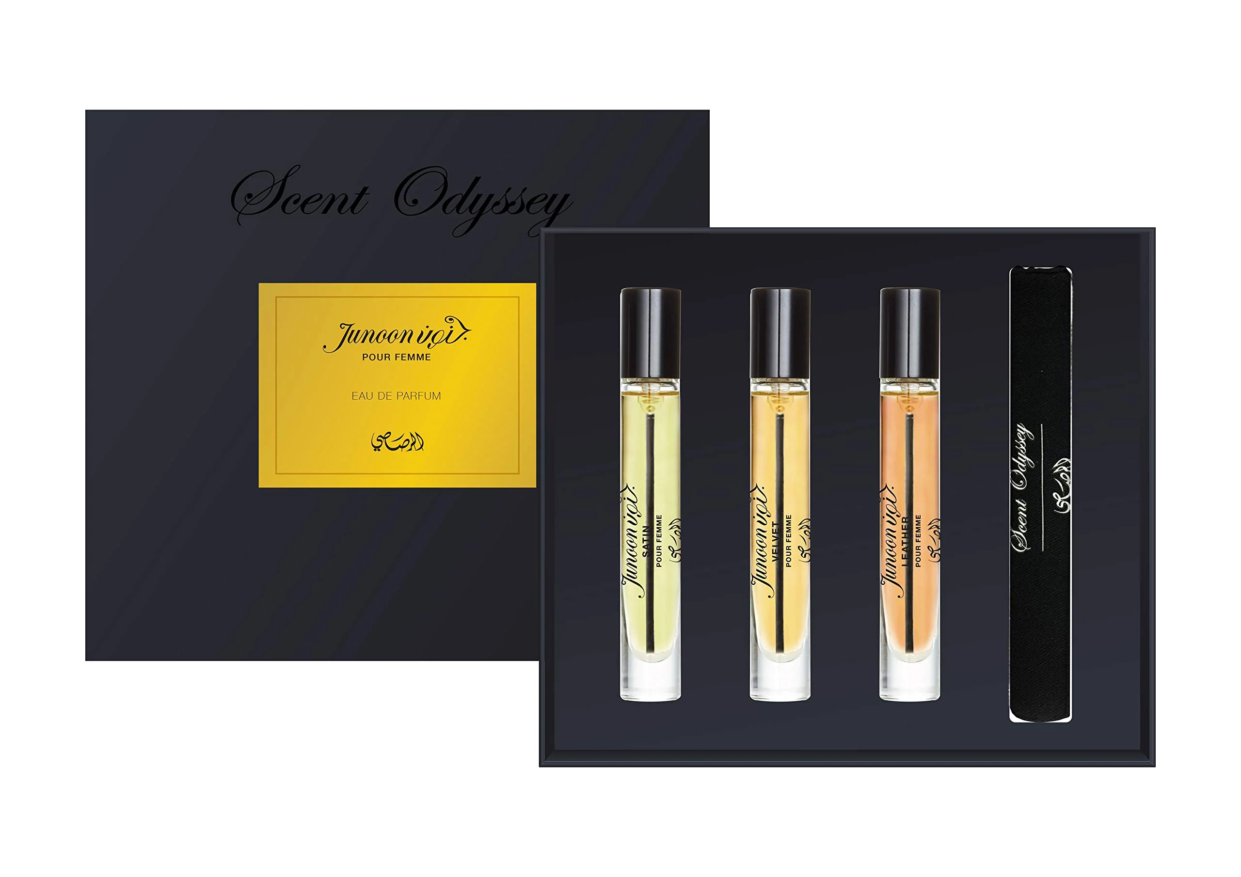 Powerful Rasasi Scent Odyssey - Junoon for Women - 3 Pc Gift Set 0.25oz Satin EDP Spray 0.25oz Velvet EDP Spray 0.25oz Leather EDP Spray Healthy