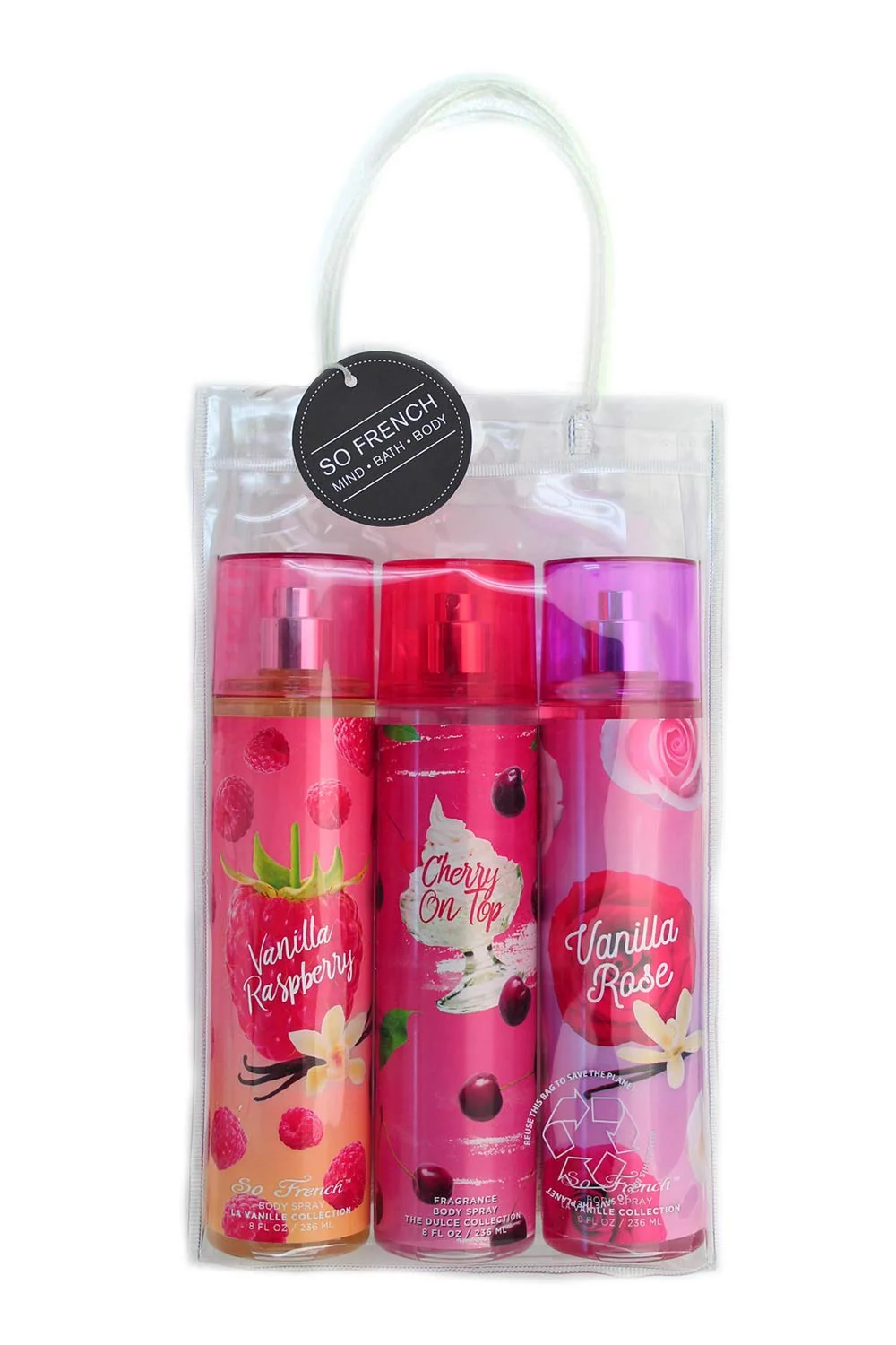 Safe So French Collection Body Mist Set Vanilla Raspberry Cherry on Top Rose Artisan