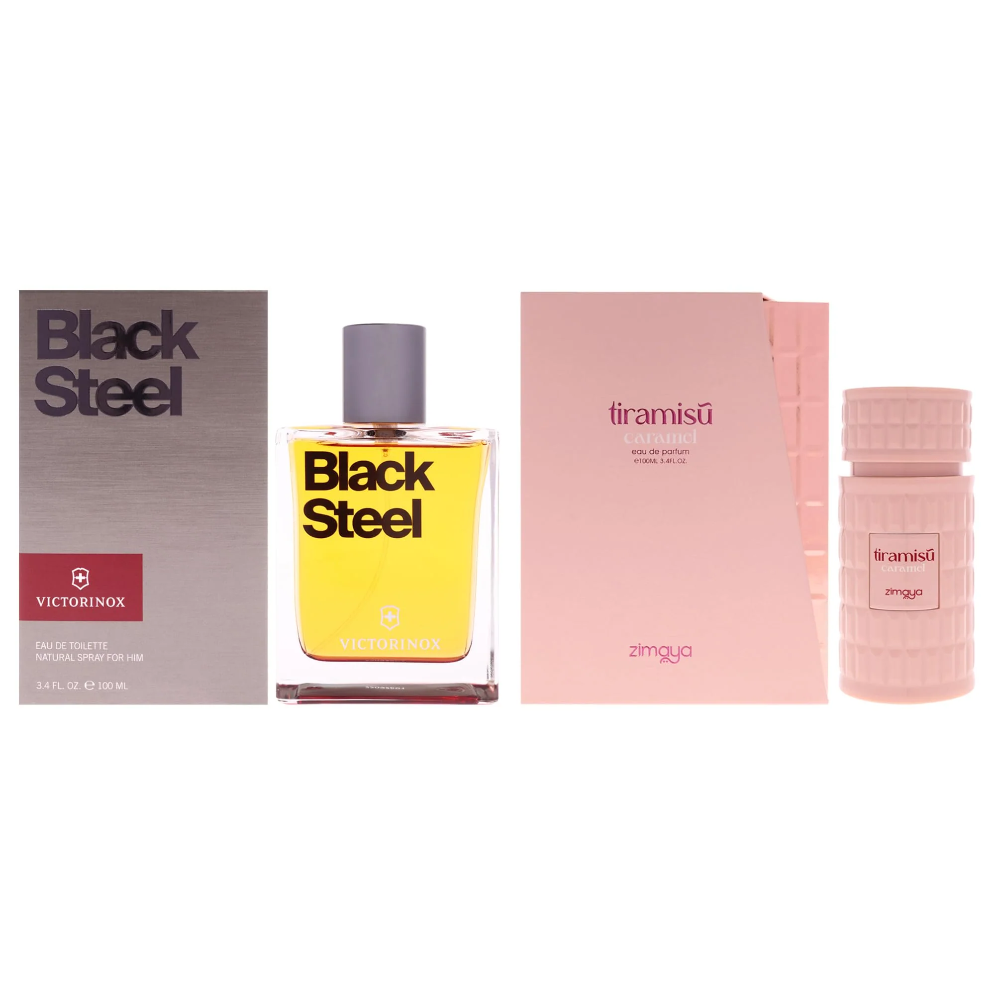 World-Class Swiss Army and Zimaya Kit by Various Designers for Unisex - 2 Pc Kit 3.4oz Black Steel EDT Spray 3.4oz Tiramisu - Caramel EDP Spray Consistent