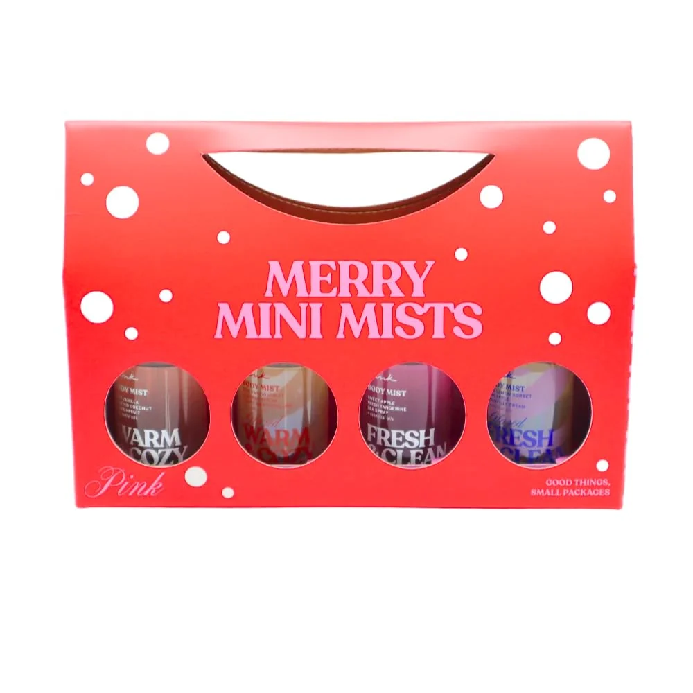 Detailed Victoria's Secret PINK Merry Mini Body Mist Gift Set - Warm Cozy Fresh Clean Scents - 4-Piece Travel Size Collection 2.5 fl oz Each Consistent