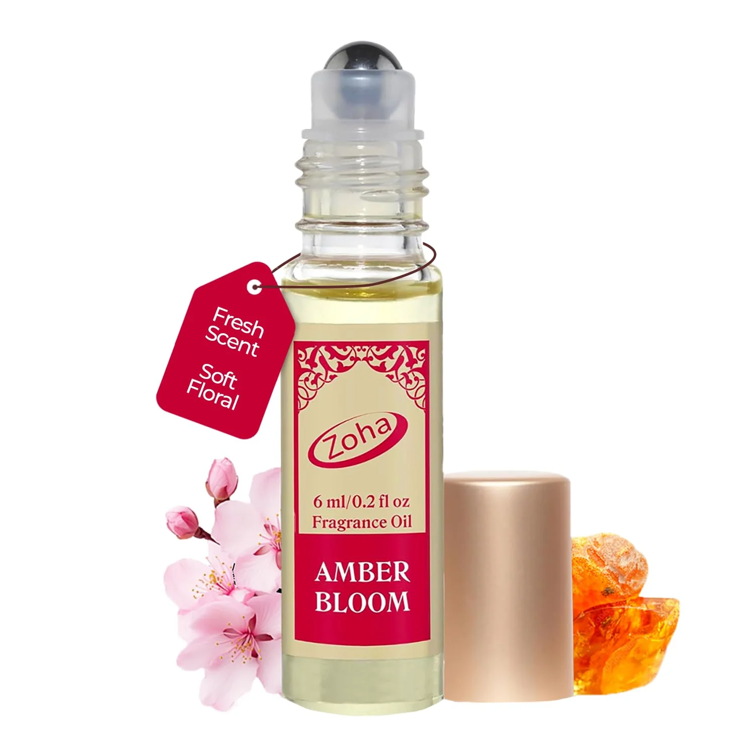 Recyclable Zoha Amber Bloom Roll on Perfumes for Women Men Alcohol- Amber Perfume Oil Travel Size Long Lasting Fragrance 6ml Roller Reusable