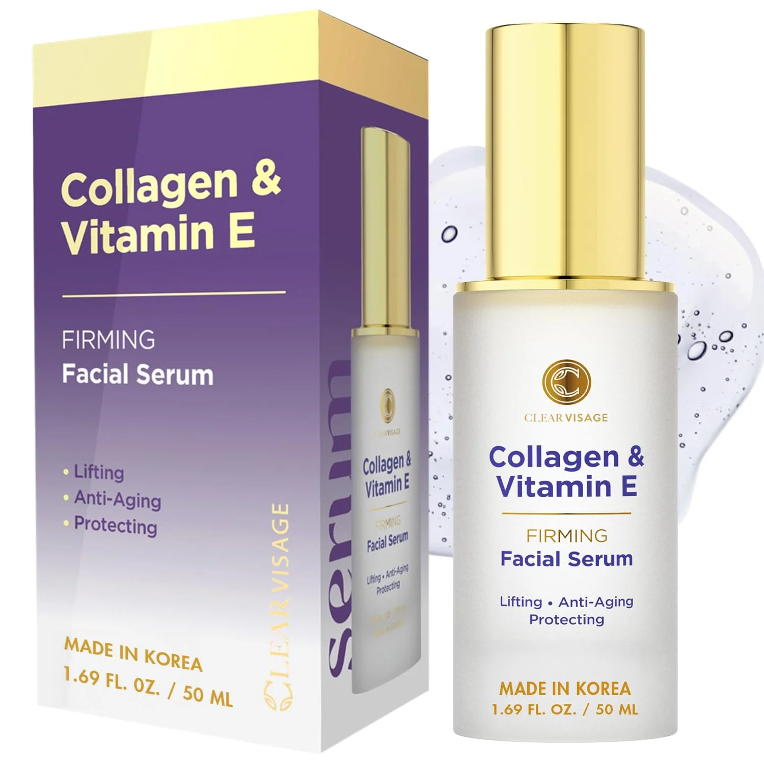 Prestigious Clear Visage Collagen Vitamin E Face Serum - Dermatologist Tested Anti Aging Korean Skin Care - Hydrates Firms Smooths Fine Lines - Vegan Clean Practical
