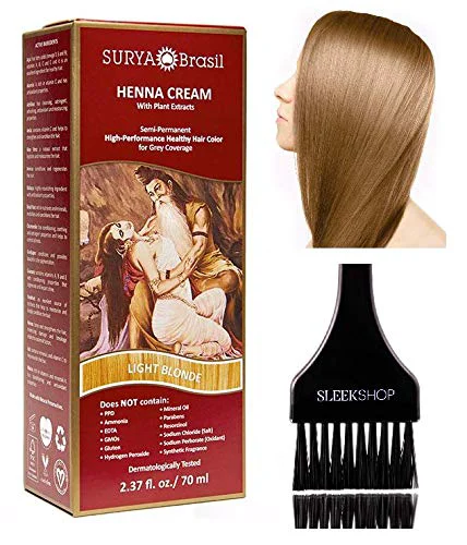 Quality Surya Brasil All Natural HENNA Hair Color CREAM Plant Extracts Semi-Permanent for Grey Coverage with Brush Brazil LIGHT BLONDE Safe