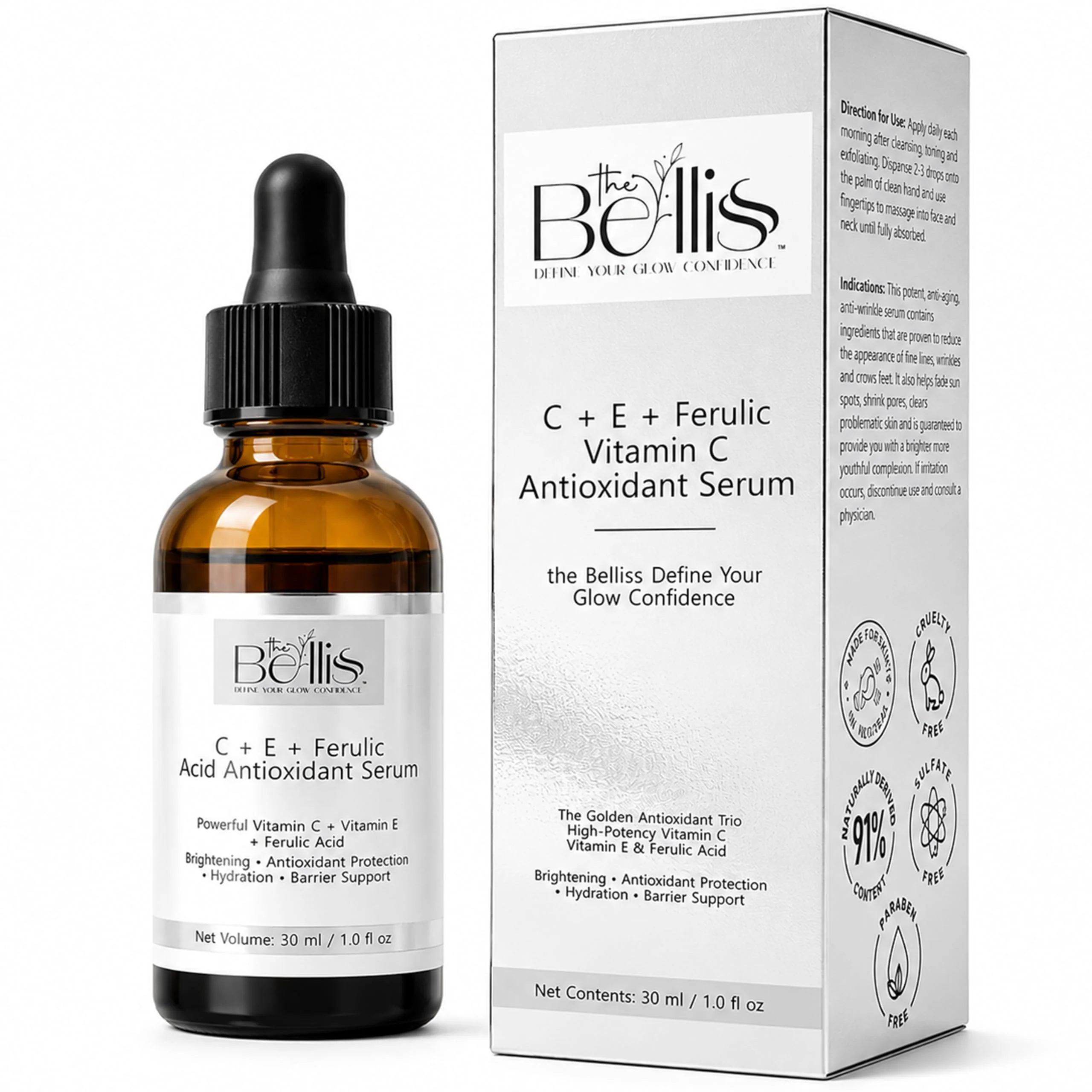 Refined The Belliss Vitamin C Serum for Face - 15 L-Ascorbic Acid with Vitamin E Ferulic Acid - Lightweight Facial Serum for Daily Skincare Routine Versatile