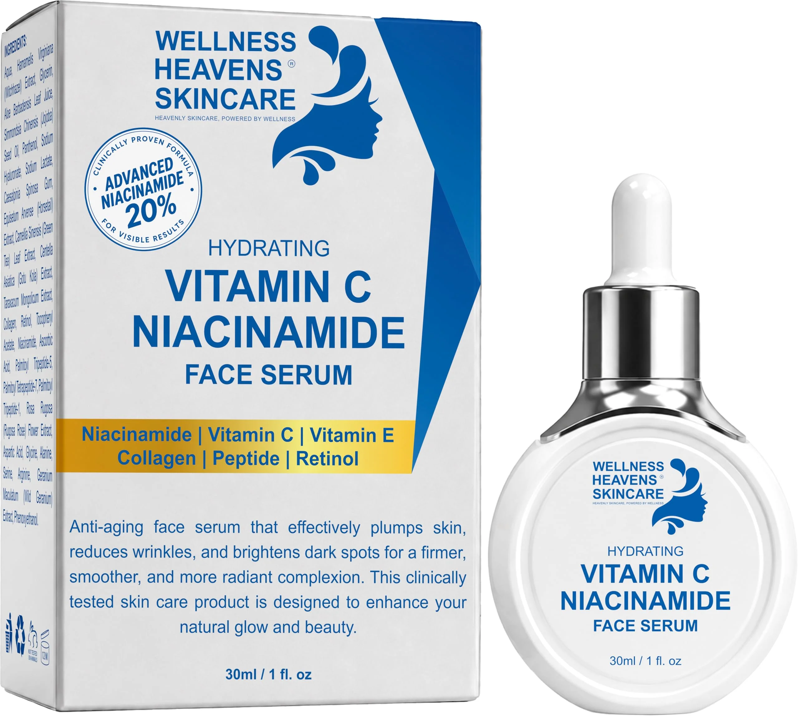 Long-Lasting Wellness Heavens Vitamin C Face Serum with Niacinamide Helps with Fine lines Wrinkles - Skin Look Brighter and Smoother - Hydrating Anti-Aging Genuine
