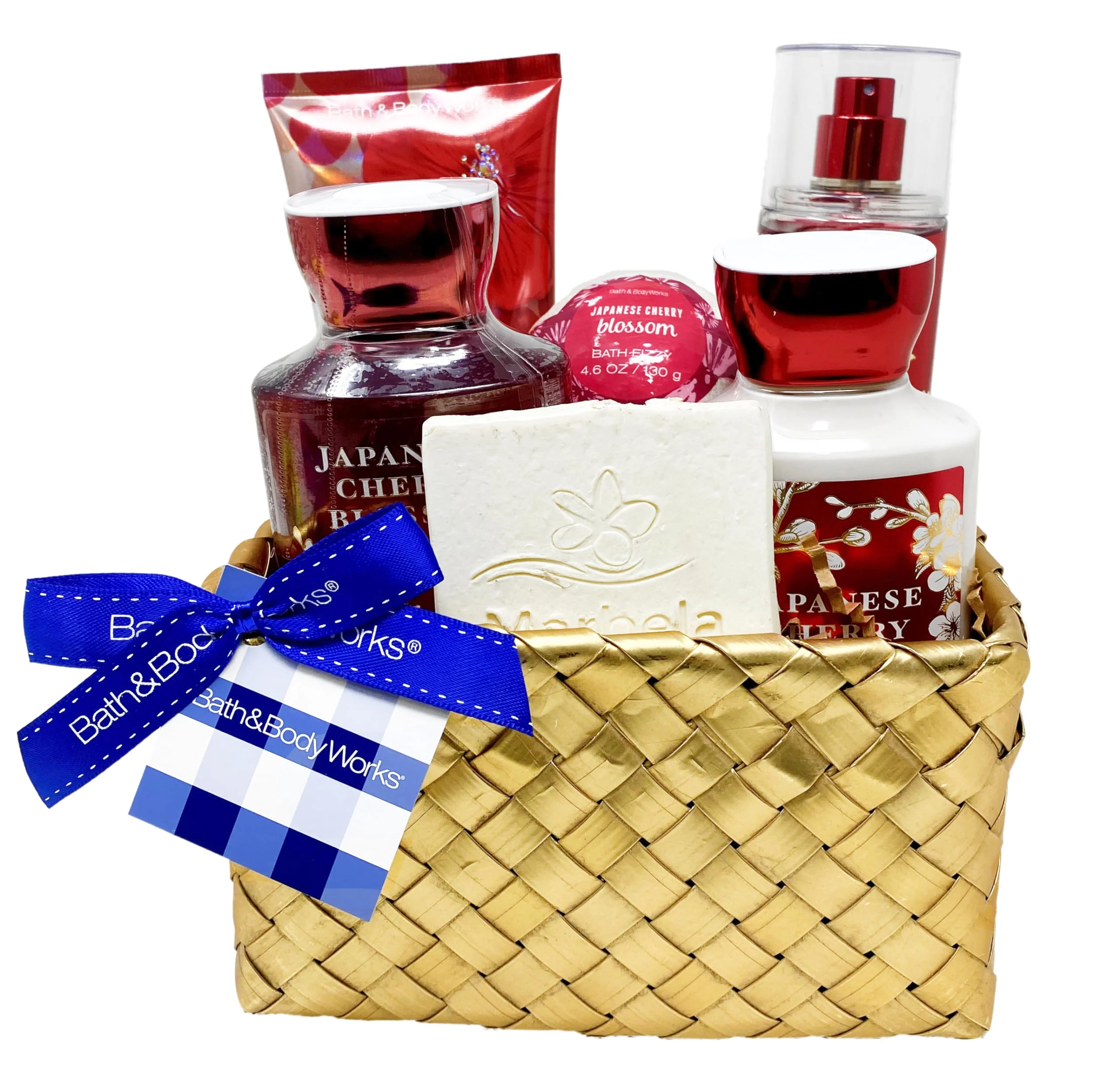 Superior Bath Body Works Japanese Cherry Blossom - Gold Woven Basket 5 Piece Gift Set - Fine Fragrance Mist Body Cream Shower Gel Body Lotion and Bath Organic