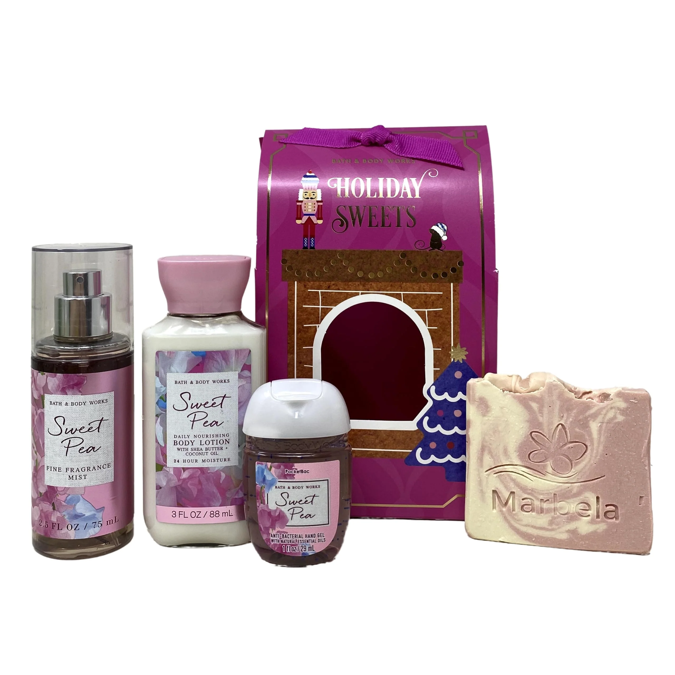 Outstanding Bath Body Works Sweet Pea - Holiday Sweets Mini Gift Set - With a Marbela Himalayan Salts Springs Sample Soap. Exceptional