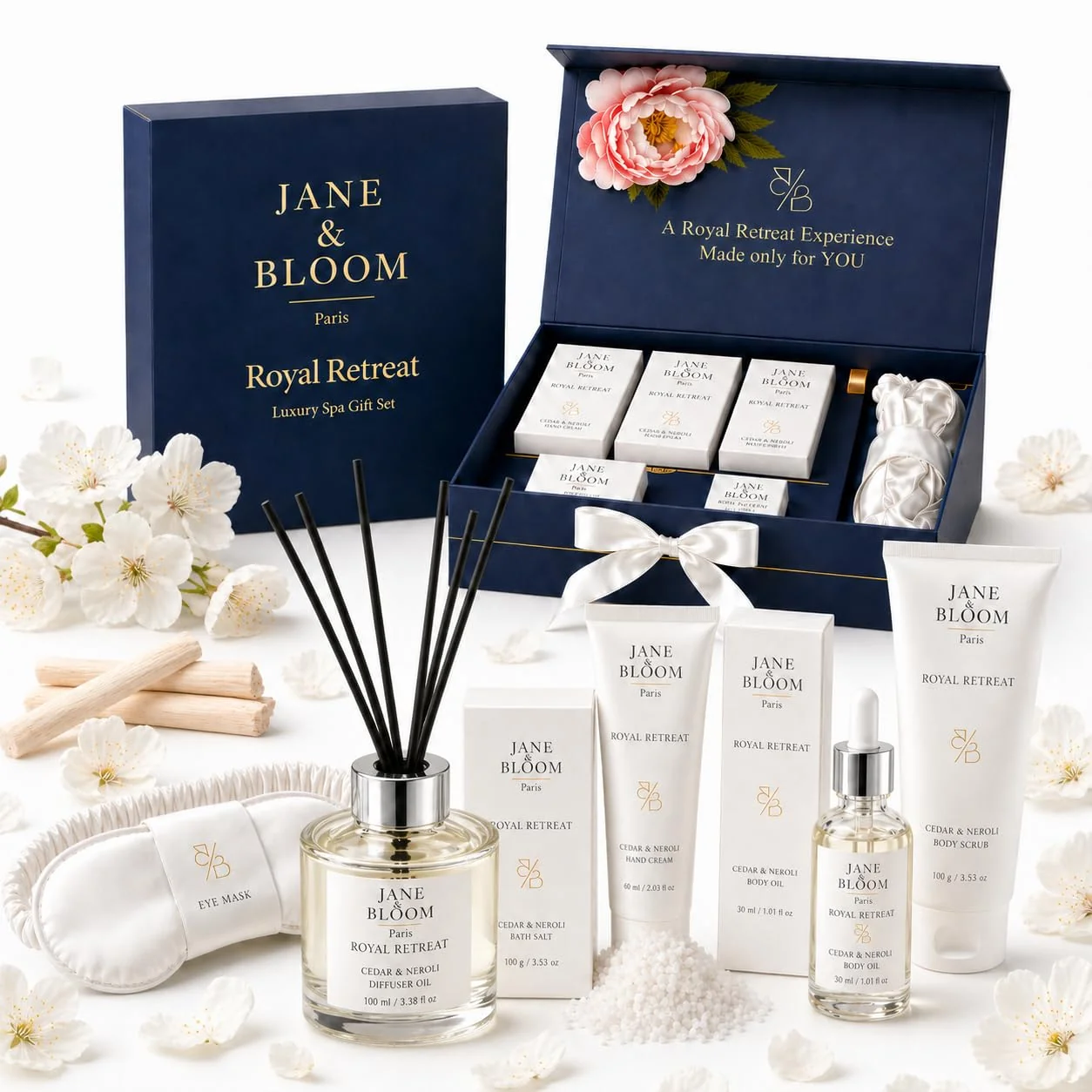 Green Royal Retreat Luxury Spa Gift Box for Women Cedar Neroli Bath and Body Gift Set Relaxing Home Spa Kit with Bath Salt Body Scrub Body Oil Hand Consistent