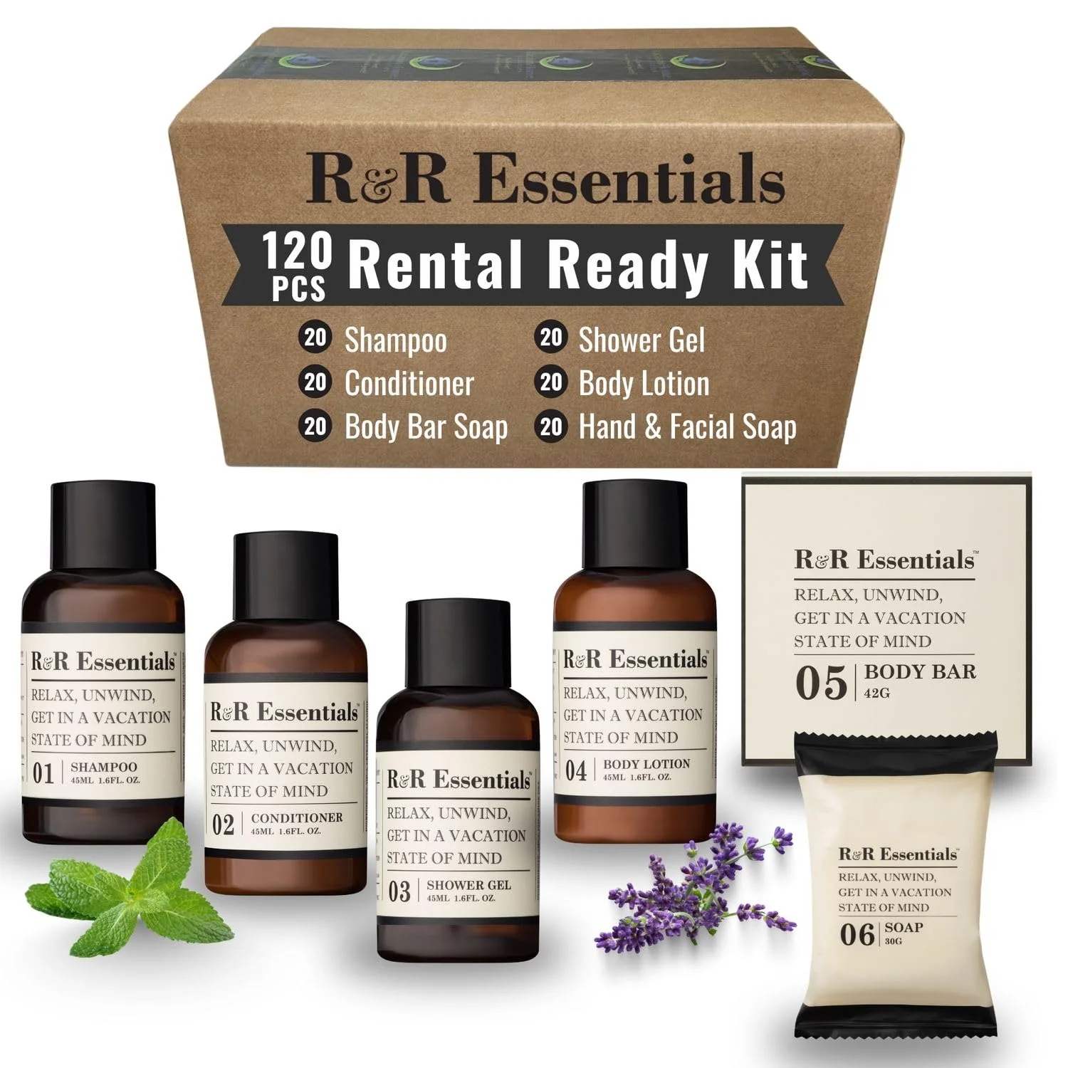 Secure R R Essentials Hotel Soaps and Toiletries Bundle Vacation Home Amenities Kit - 1.5oz Shampoo Conditioner Shower Gel Lotion And 2 Bar Soaps Powerful