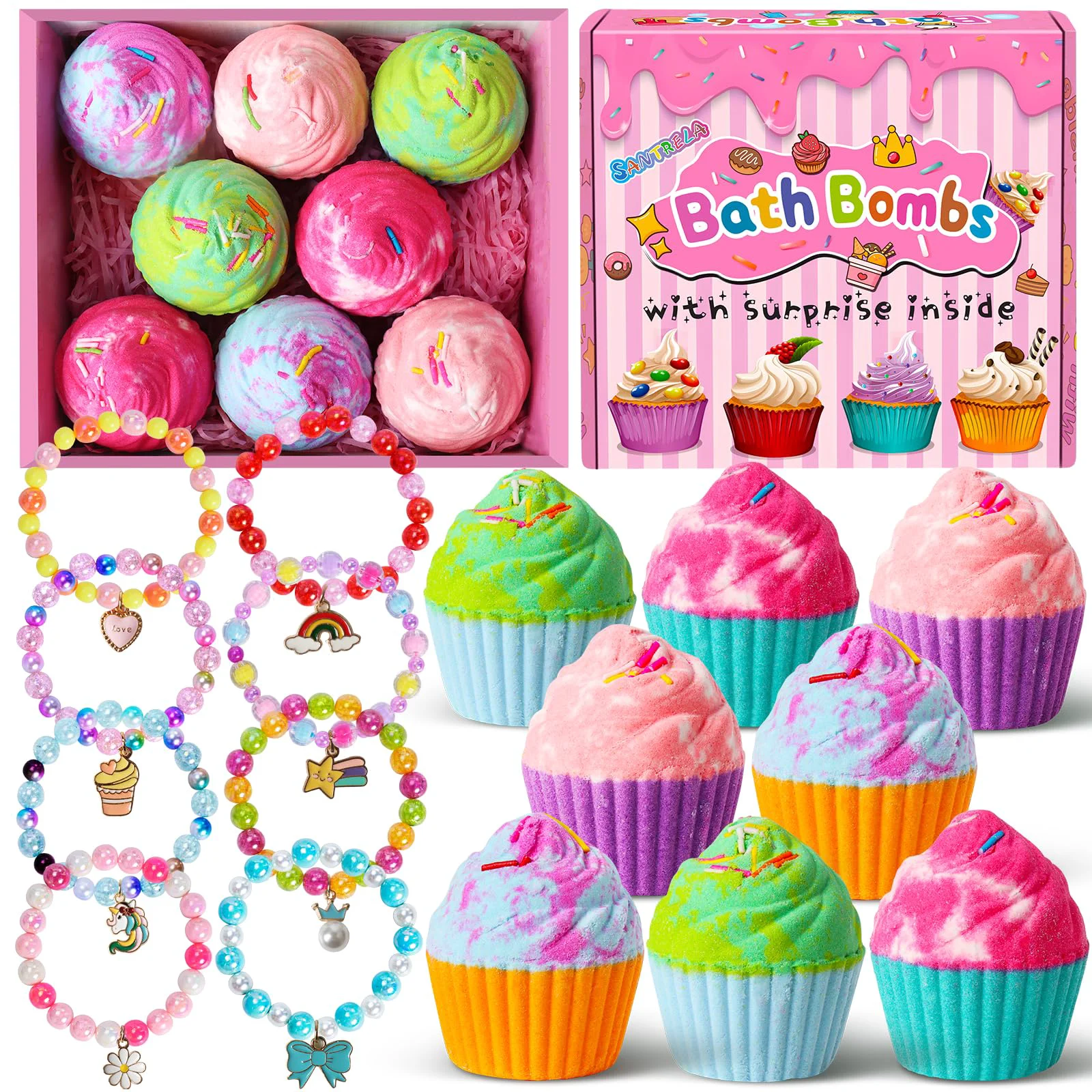 Smart Bath Bombs for Kids with Surprise Jewelry Toys Inside 8 Cupcake Bath Bombs Gifts Set Girls Teens Kids Birthday Christmas Gift Handmade Fizzy Certified