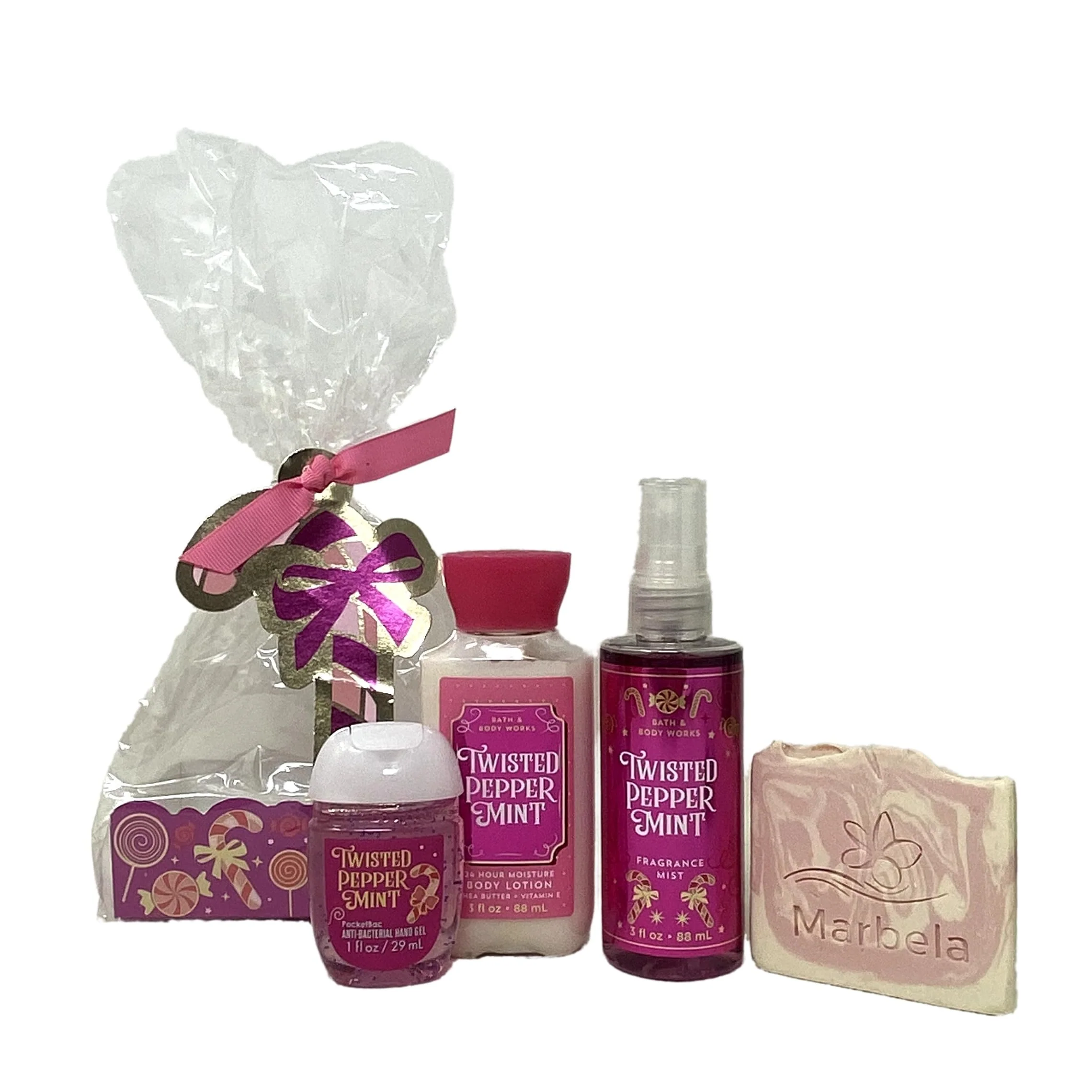 Fast Bath Body Works Twisted Peppermint Mini 3 Piece Gift Bag Set with a Himalayan Salts Springs Sample Soap - High-End