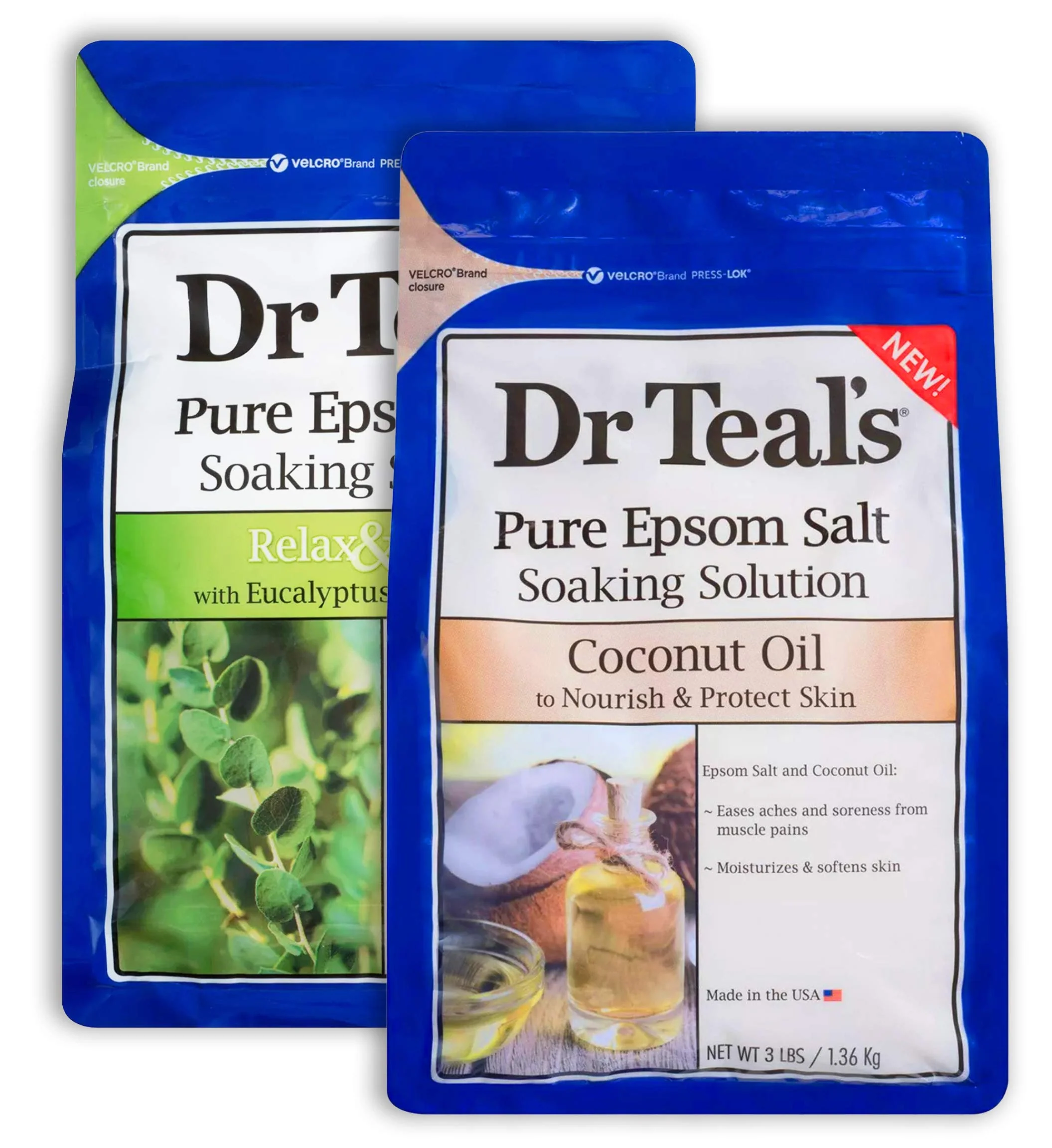 Organic Dr Teal's Epsom Salt Bath Variety Gift Set 2 Pack 3lb Ea - Relax Relief Eucalyptus Spearmint Nourish Protect Coconut - Essential Oils Pure Refined