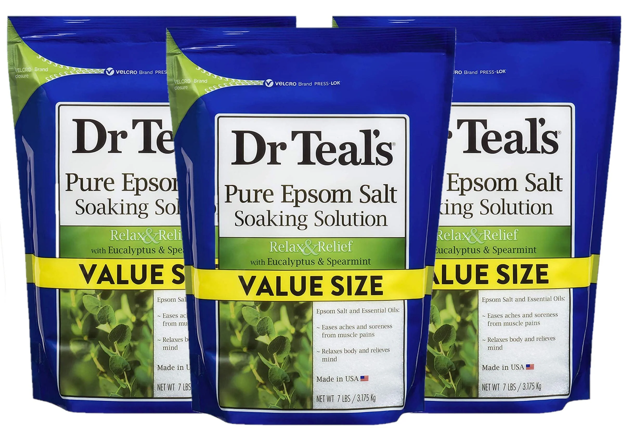 Elite Dr Teal's Eucalyptus Spearmint Salt Bath 3 Pack 7lb Ea - Relax Relief Formula - Essential Oils Blended with Pure Epsom Salt - Ease Aches
