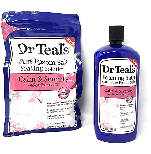 Enhanced Bundle of Dr Teals Calm Serenity with Rose Essential Oil Made with Milk Protein Pure Epsom Salt Soaking Solution 3 LBS Foaming Bath 34 FL OZ Proven