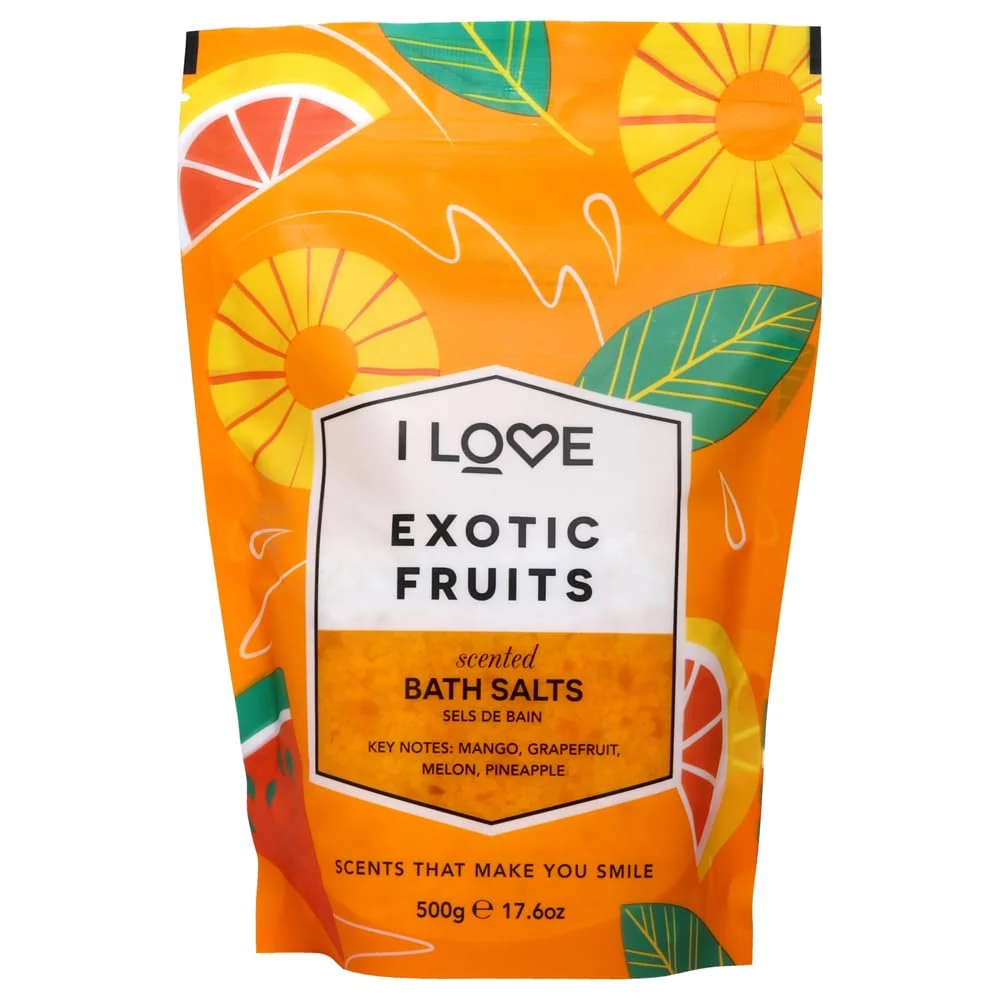 Specialty I Love Exotic Fruits Scented Bath Salts - Moisturizing Bath Soak for Dry Skin - Skin-Softening Bath Salts - Invigorating Citrus Fragrance - 17.6 oz Authentic