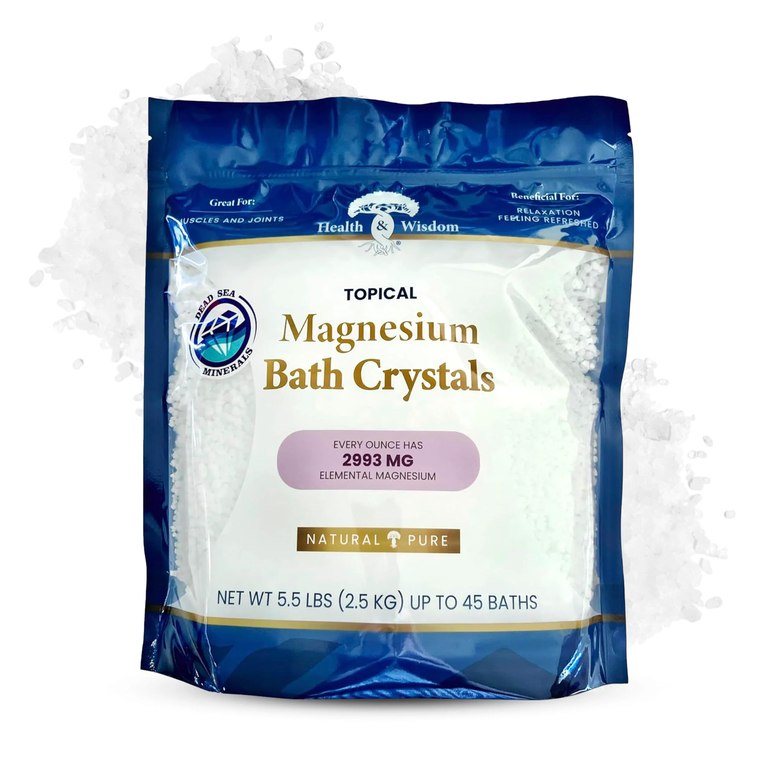 Authentic Health and Wisdom Magnesium Bath Crystals - Bath Salts with High Concentration Enhanced Absorption for Muscle Joint Relief - Dead Sea Sourced Healthy