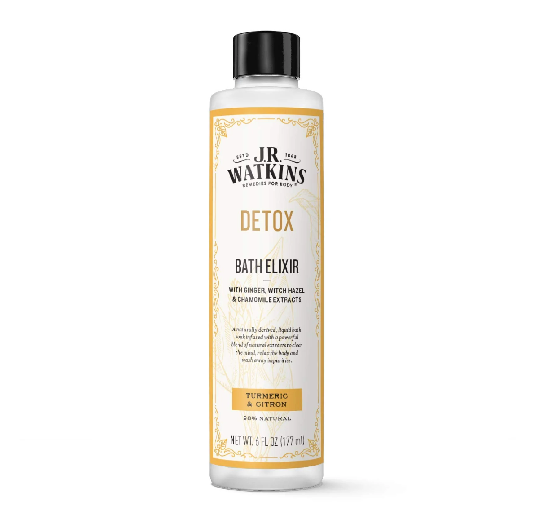 Unique J.R. Watkins Detox Bath Elixir Liquid Bath Soak Turmeric Citron with Detoxifying Natural Extracts No Salt No Residue 6 oz Exclusive