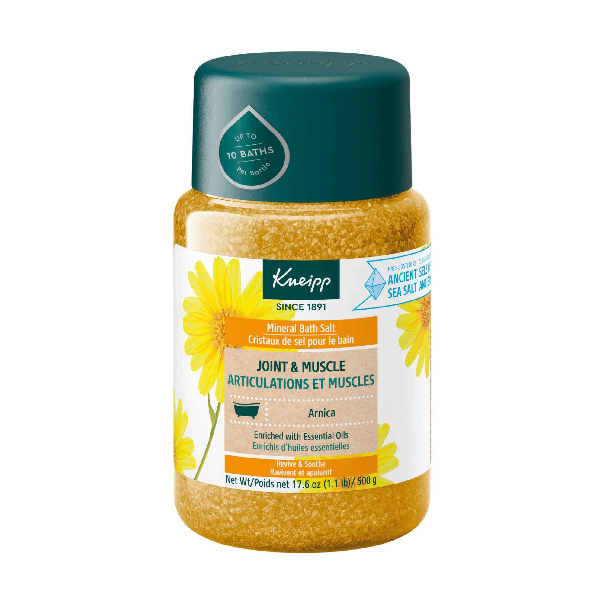 Safe Kneipp Joint Muscle Mineral Bath Salt with Arnica - Rejuvenate Joints Muscles - 17.6 oz - Up to 10 Baths Environmentally Friendly