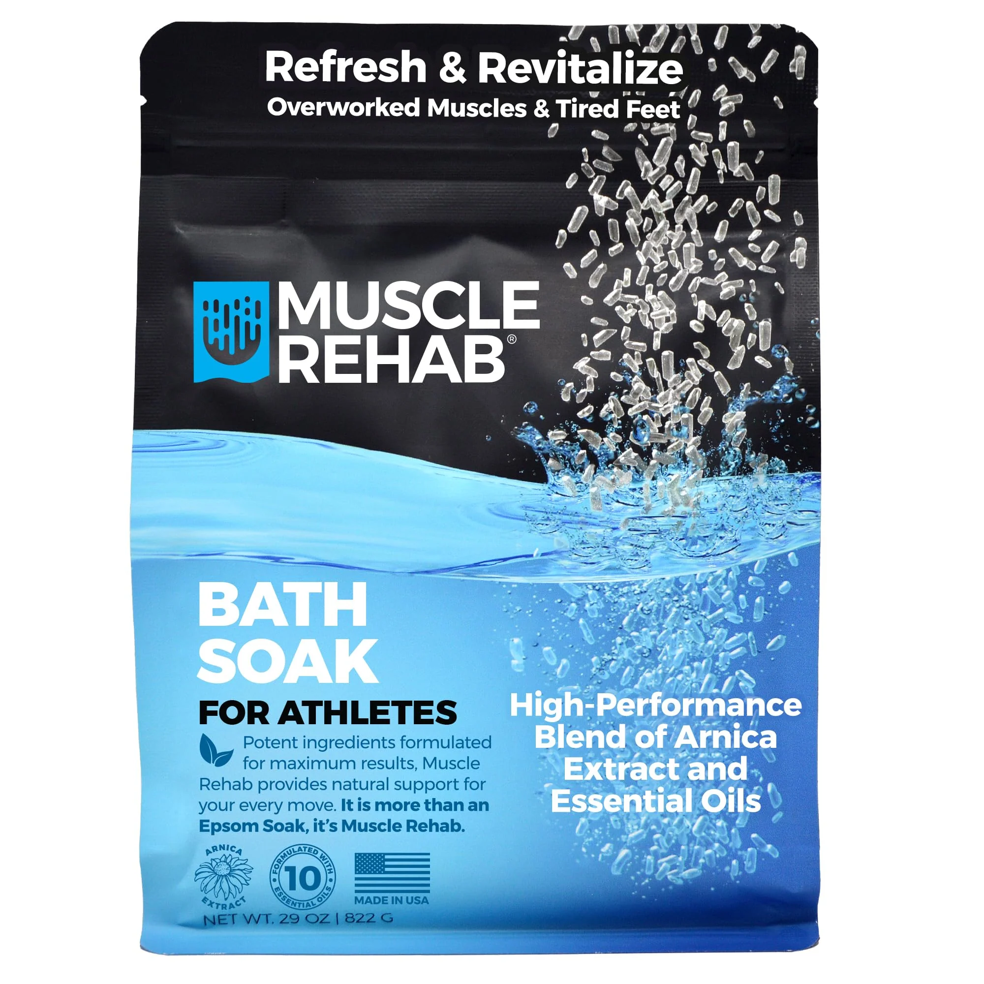 Safe Muscle Rehab Epsom Salt Bath Soak 29 oz with Arnica - Fast-Dissolving Bath Salts for Muscle Relief and Recovery - Cooling Formula - Made in USA Clean