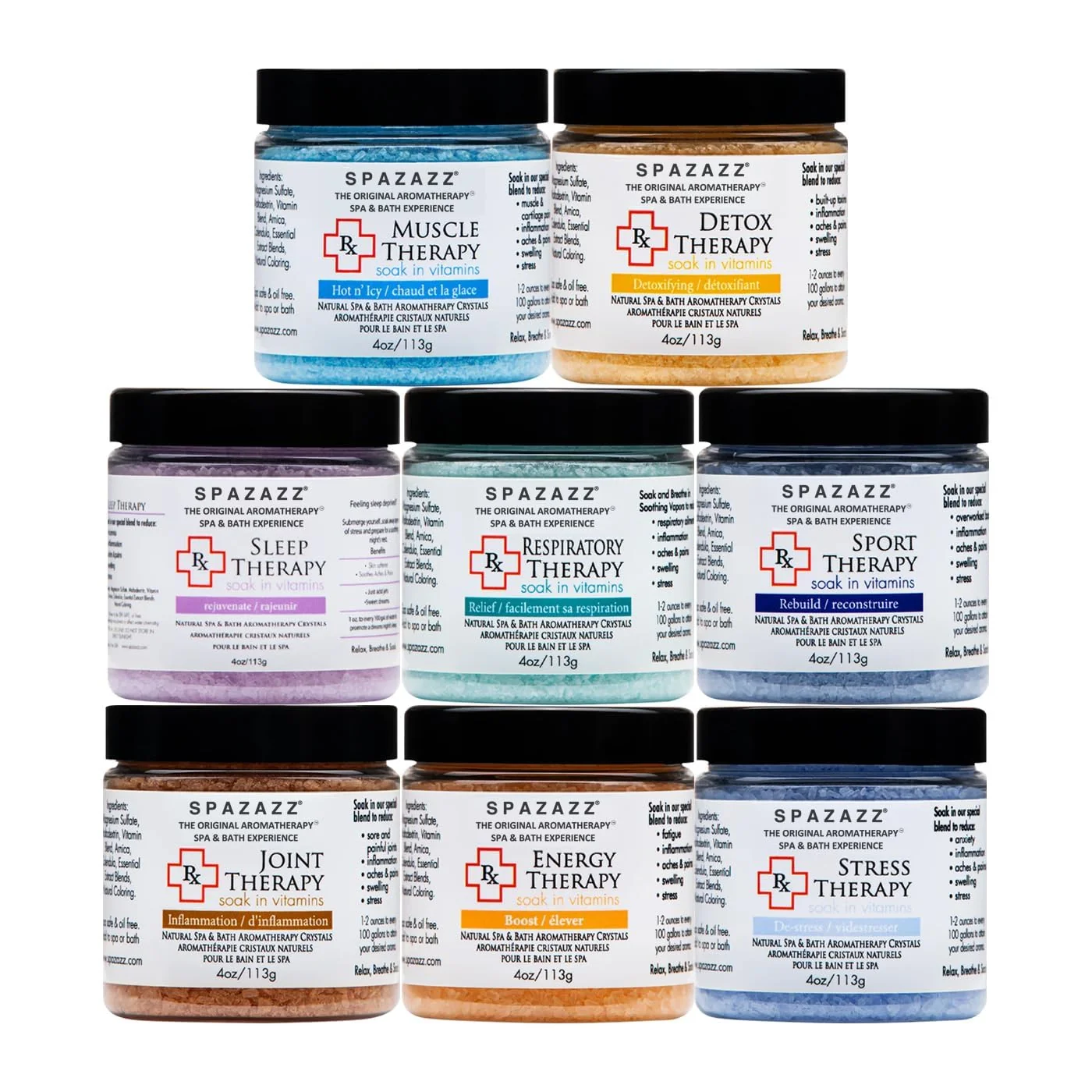 Smart Spazazz RX Therapy Hot Tub Spa and Bath Aromatherapy Salt Crystals 4oz 8 Pack Sample Bundle Includes Muscle - Joint - Detox - Stress - Respiratory Recyclable