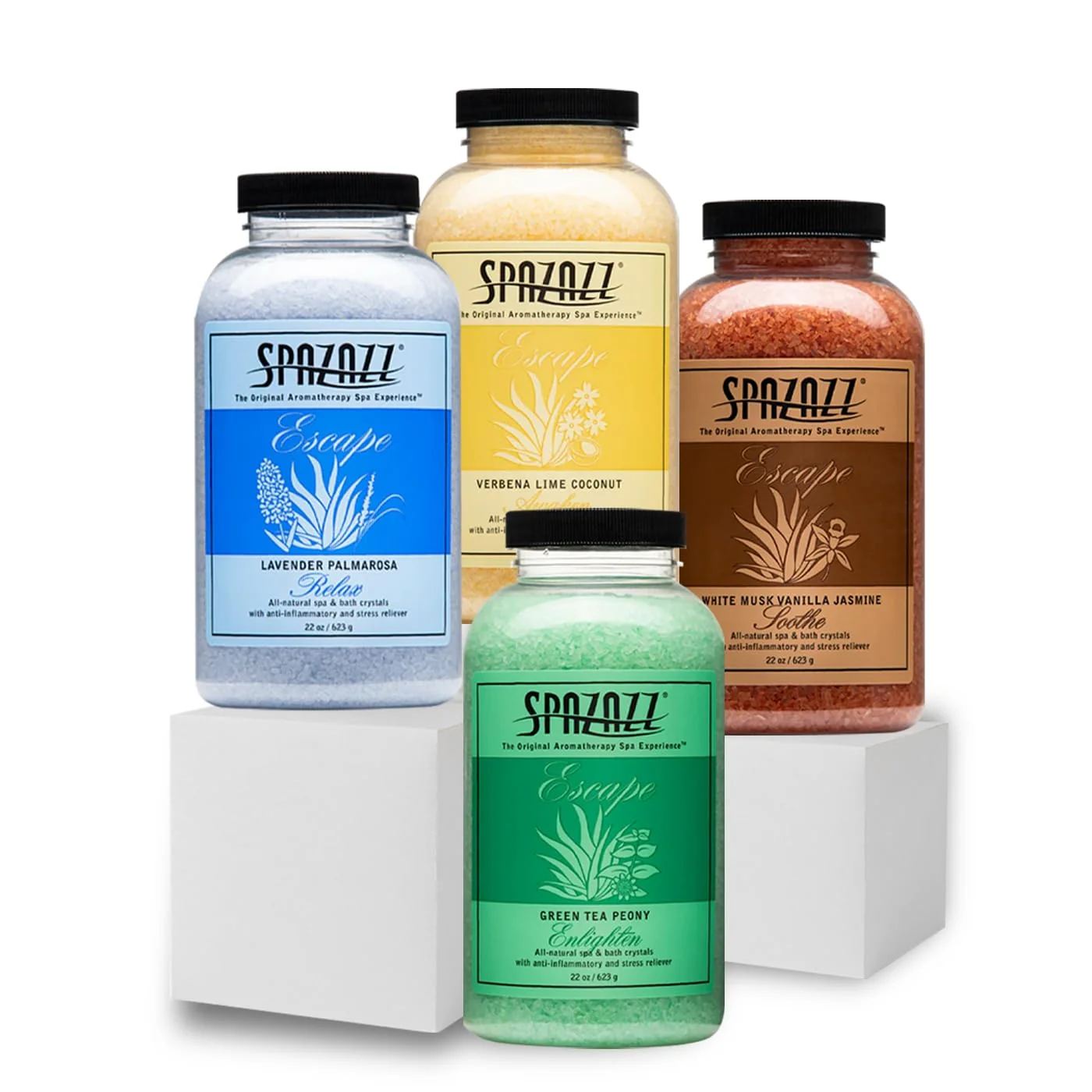Soft Hot Tub Spa Bath Salt Aromatherapy Crystals Gift Set - Spazazz Escape Collection Bundle 4-Pack 22oz Each - Lavender Palmarosa Verbena Lime Genuine