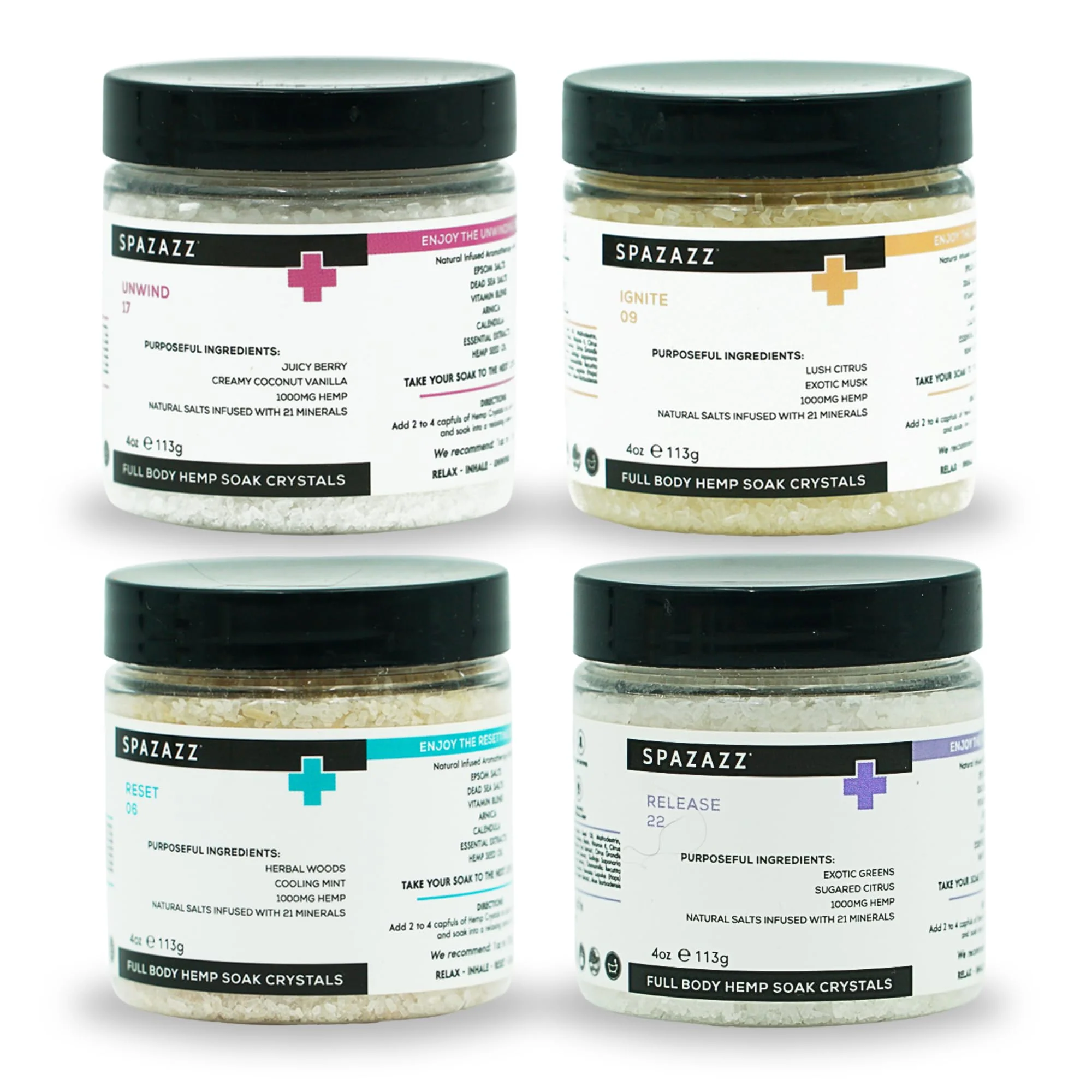 Original Spazazz Hot Tub Aromatherapy Full Body Hemp Soak Collection Sampler Pack - 4oz 1000 mg Hemp Spa Aromatherapy Hot Tub Bath Salt Crystals 4 Pack Powerful