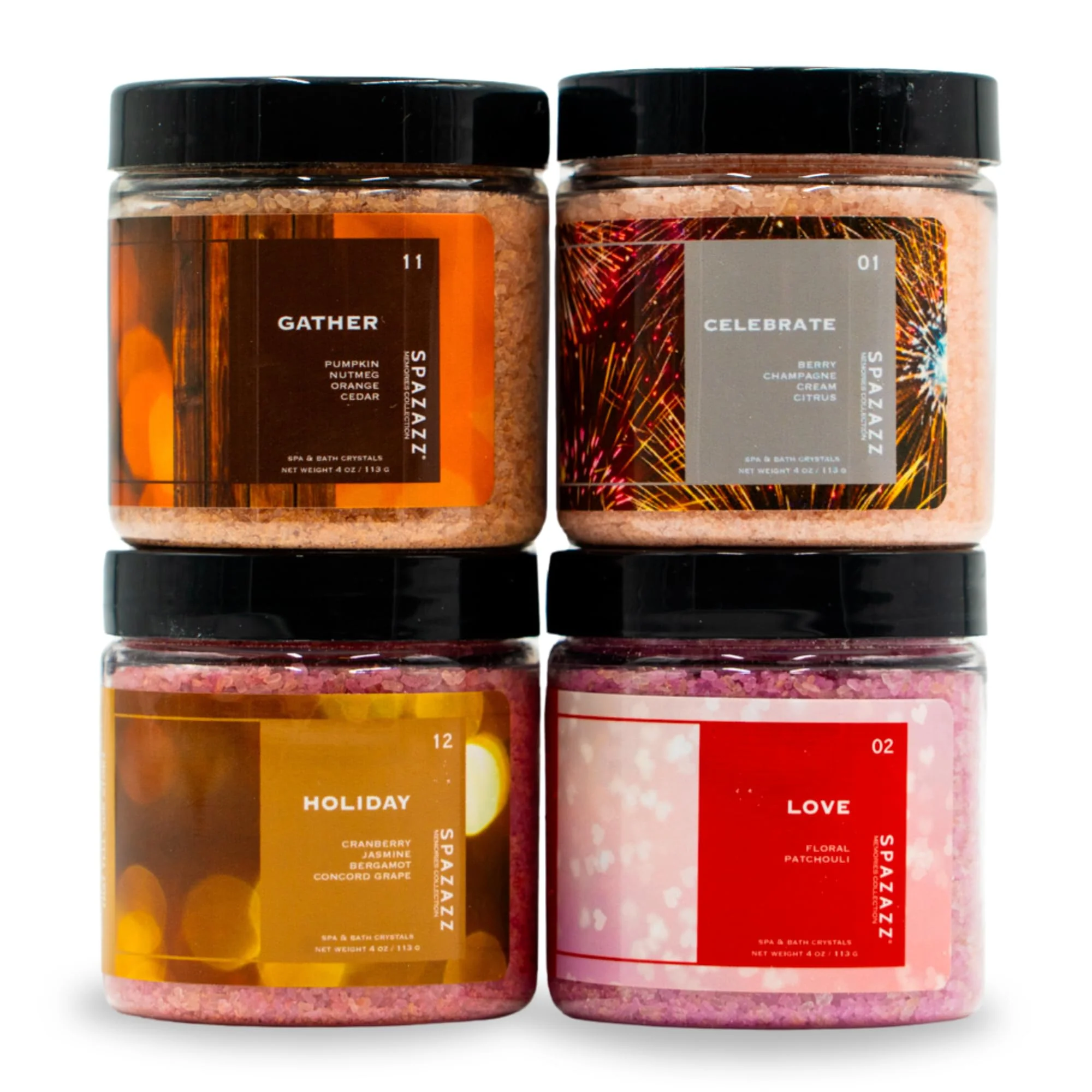 Certified Spazazz Hot Tub Aromatherapy Memories Collection Bath Salts Set Four-4 Oz Pack - Love Holiday Celebrate Gather - Spazazz Hot Tub Crystals and Bath Fine
