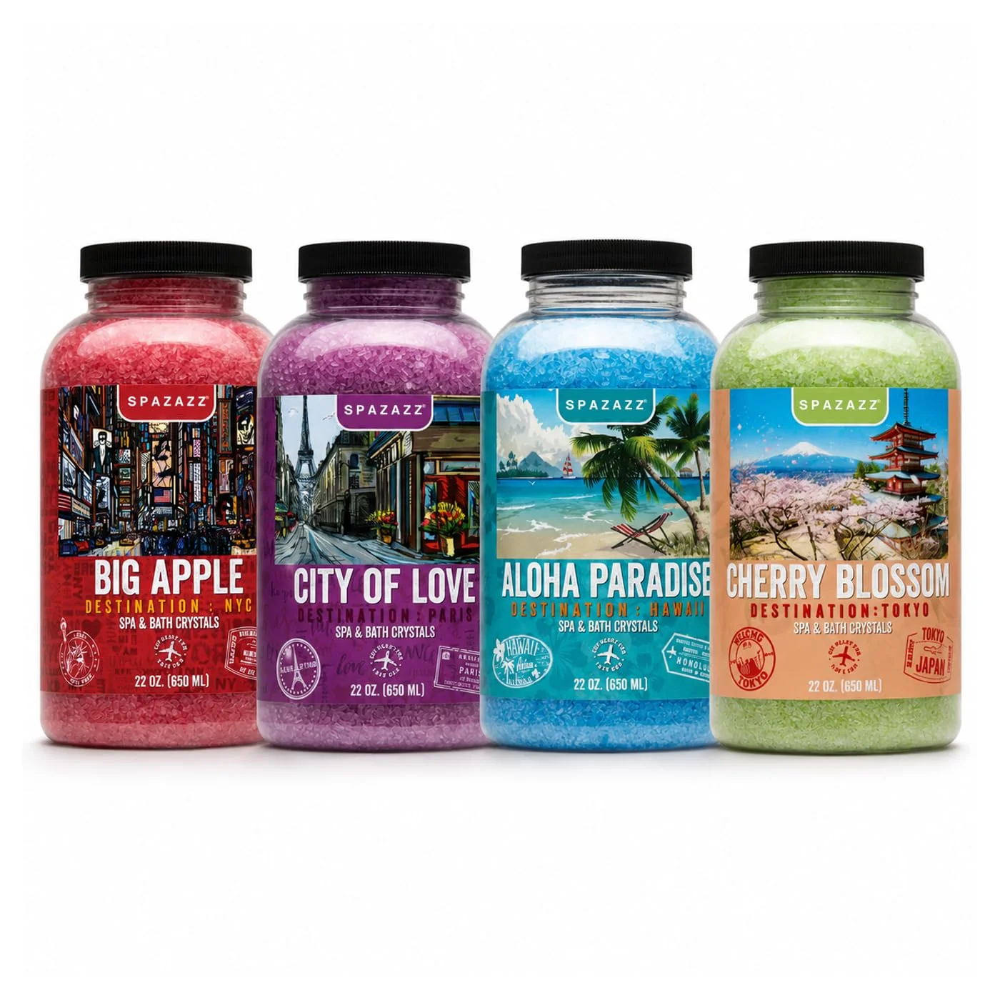 Easy-to-Use Hot Tub Spa Aromatherapy Bath Salt Crystal Scents Spazazz Destinations Collection Bundle Aloha Paradise Big Apple City of Love Cherry Blossom Soft