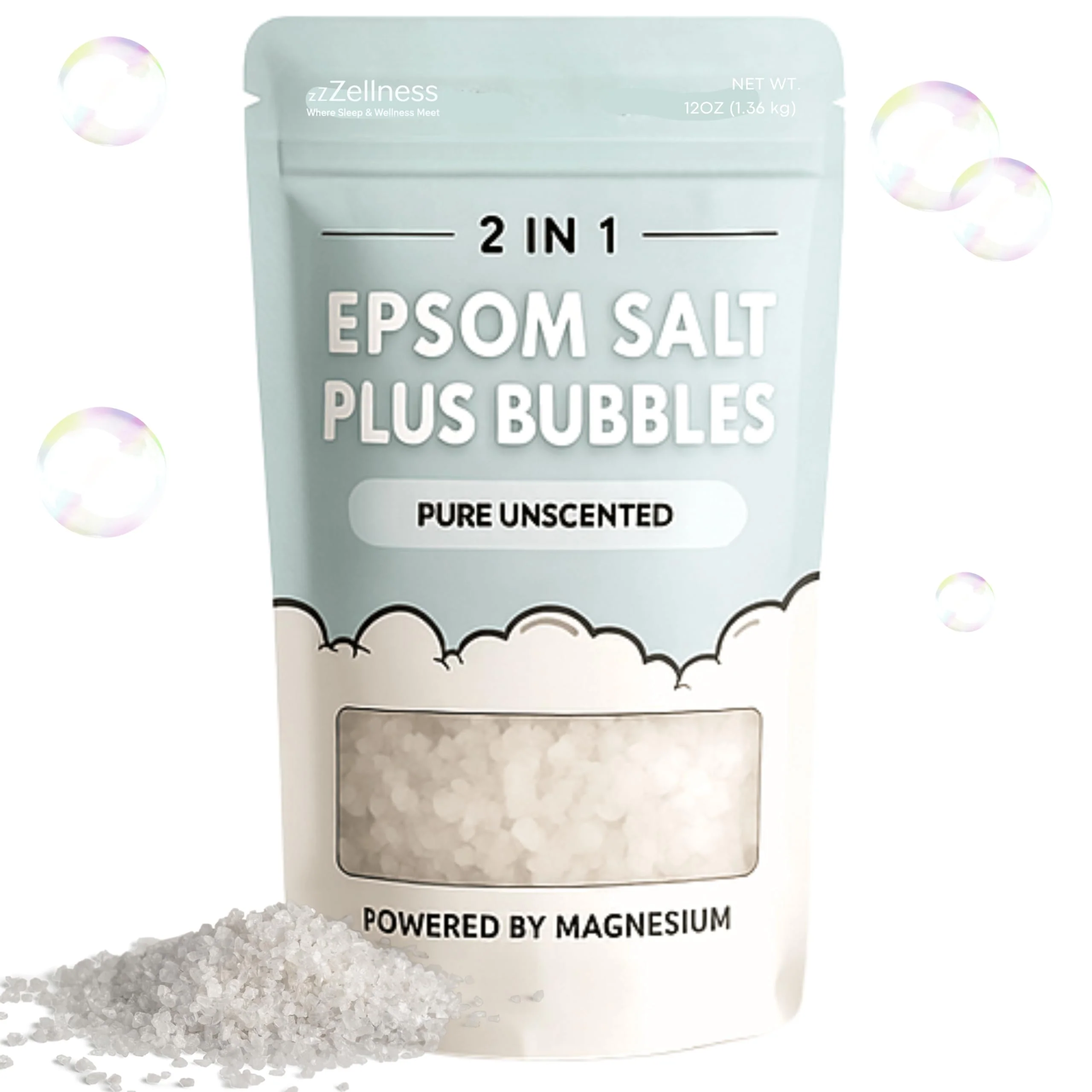 Secure ZZZELLNESS Epsom Salt Plus Bubbles - Pure Unscented Foaming Bath Soak - Magnesium Sulfate for Muscle Recovery Stress Relief Relaxation - Great Healthy