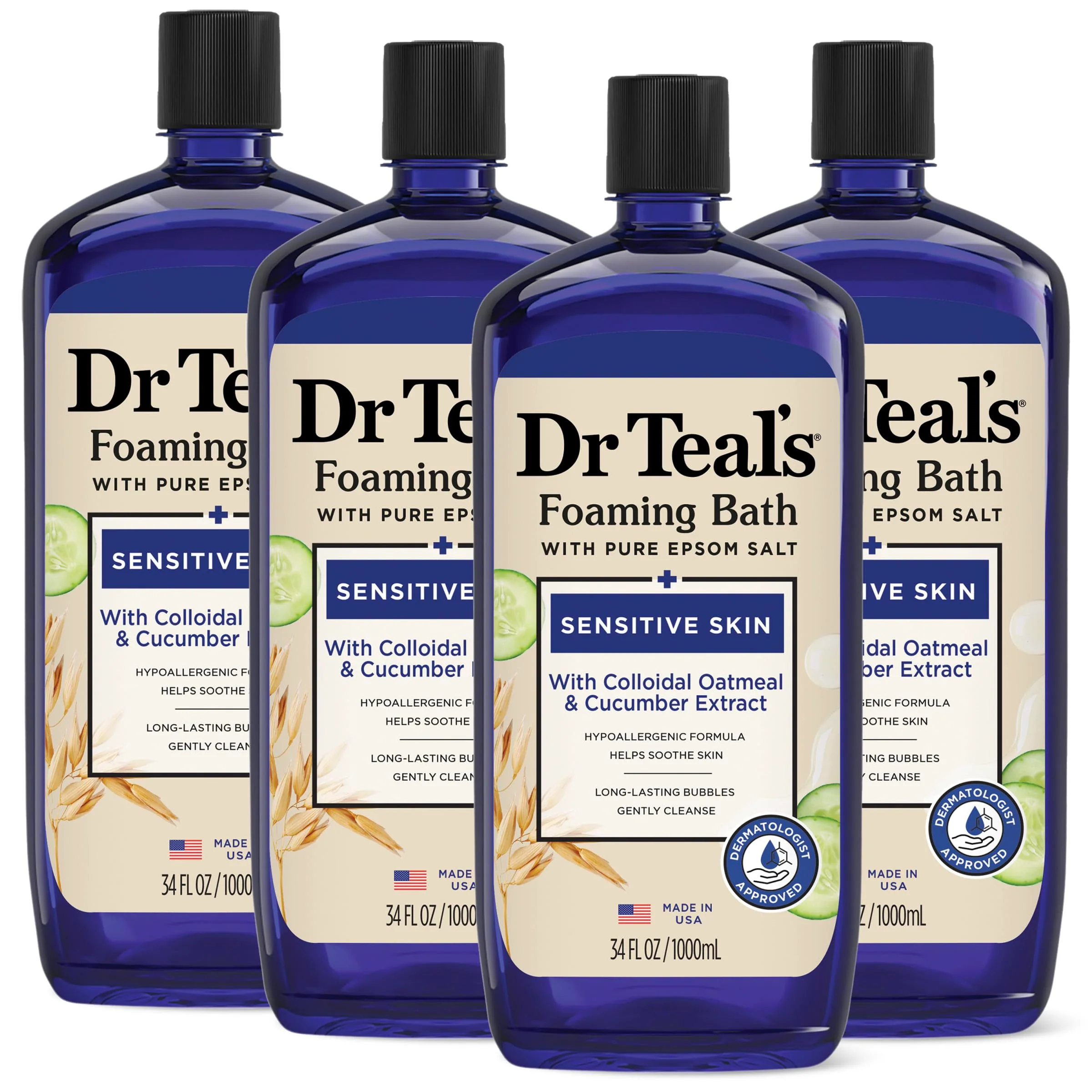 World-Class Dr Teal's Foaming Bath with Pure Epsom Salt Sensitive Skin with Colloidal Oatmeal Cucumber 34 fl oz Pack of 4 Casual