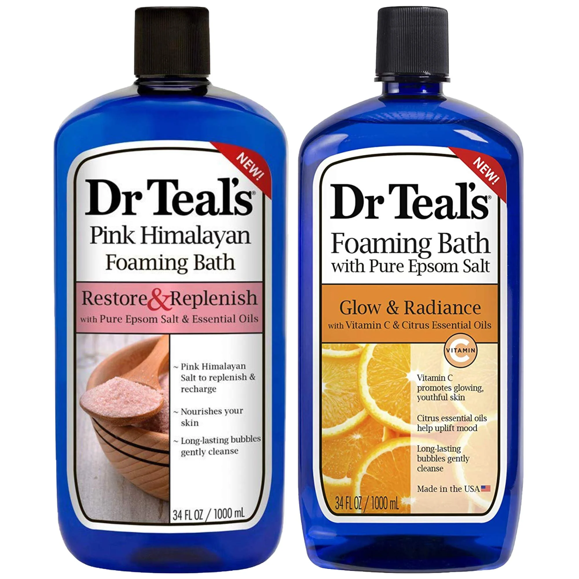 Trendy Dr. Teal's Pure Epsom Salt Foaming Bath Gift Set 2 Pack 34 oz ea. - Restore Replenish Pink Himalayan and Glow Radiance with Vitamin C Citrus Contemporary