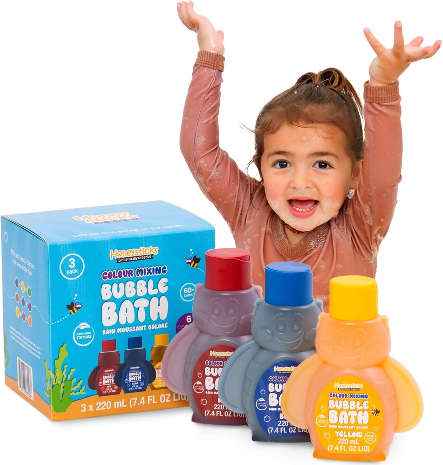 Sustainable Honeysticks Kids Bubble Bath 3 Pk Blue Red Yellow Non-Toxic Plant Based Non Irritating - Changes Water Color and Creates Super Foaming Bath Soft