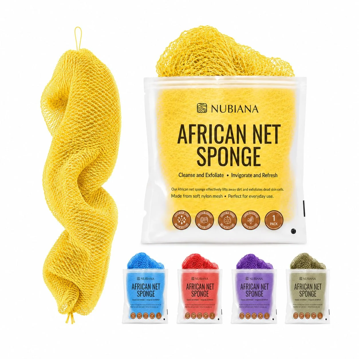 Authentic Nubiana African Net Sponge with Knots 45 Inch Handwoven Nigerian Exfoliating Body Sponge with Handles Quick-Drying Nylon Mesh Body Green