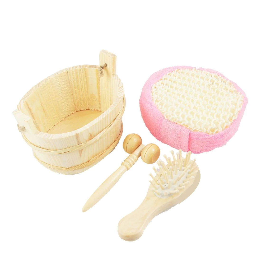 Green Ruilogod Wooden Bucket Pink Sponge Bath Scrubber Shower Puff Facial Cleaning Set id cd4 a21 e35 943 074