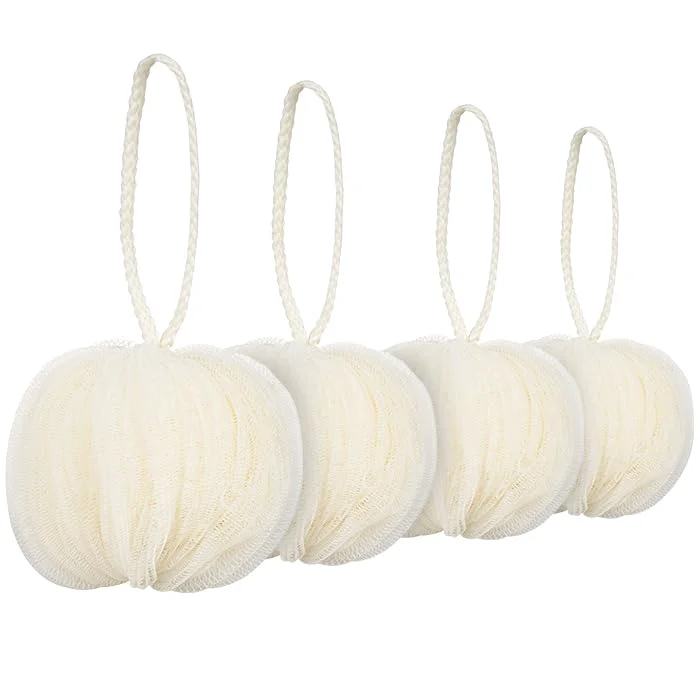 Elite SOFTGOOD Shower Loofah Pouf Bath Ball Deep Cleansing Sponge Scrubber Luxurious Lather Quick Drying for Men and Women Ivory Pack of 4 Soft