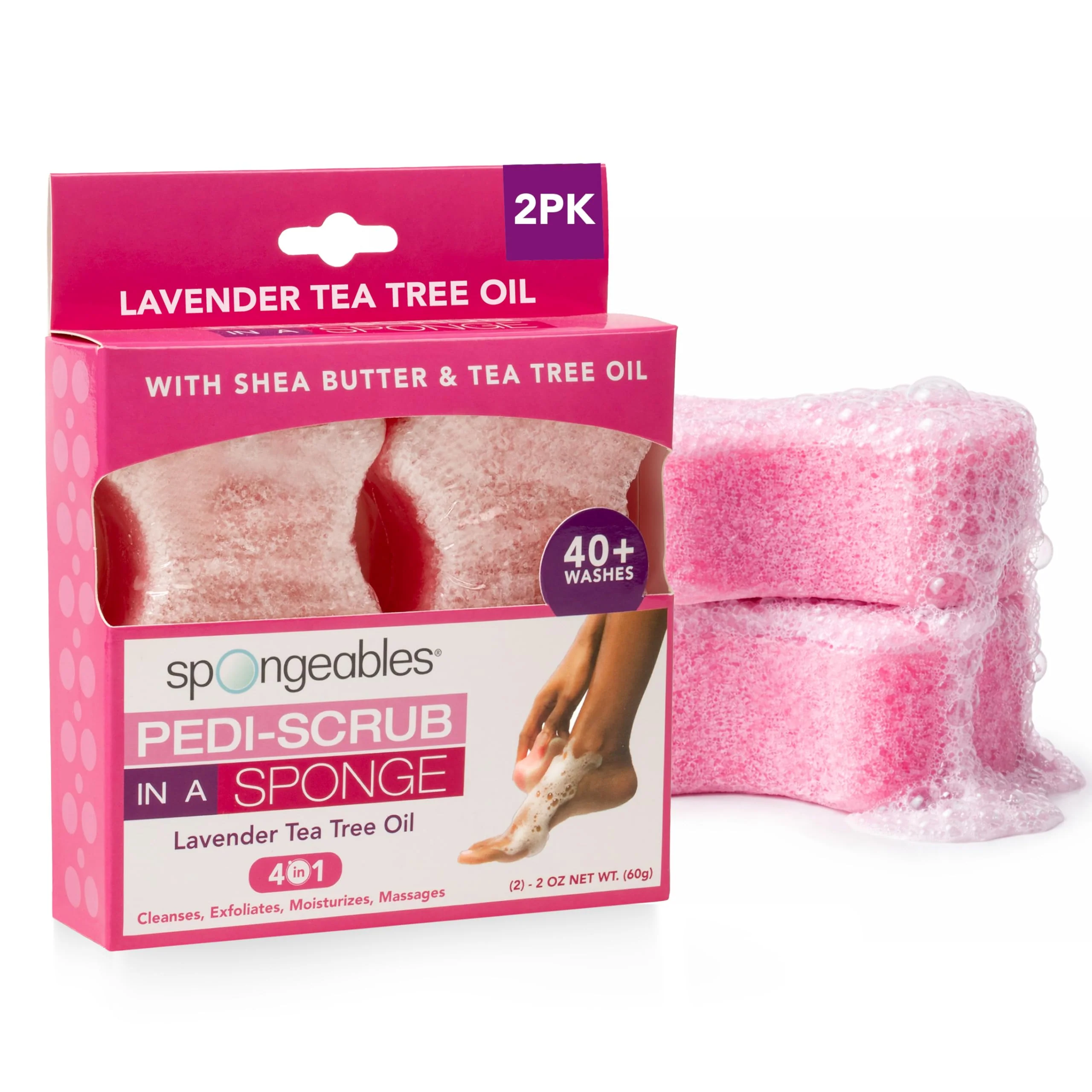 Prestigious Spongeables Pedi Scrub Foot Exfoliating 20 Wash Sponge Lavender Tea Tree Oil 2 Count High-Performance
