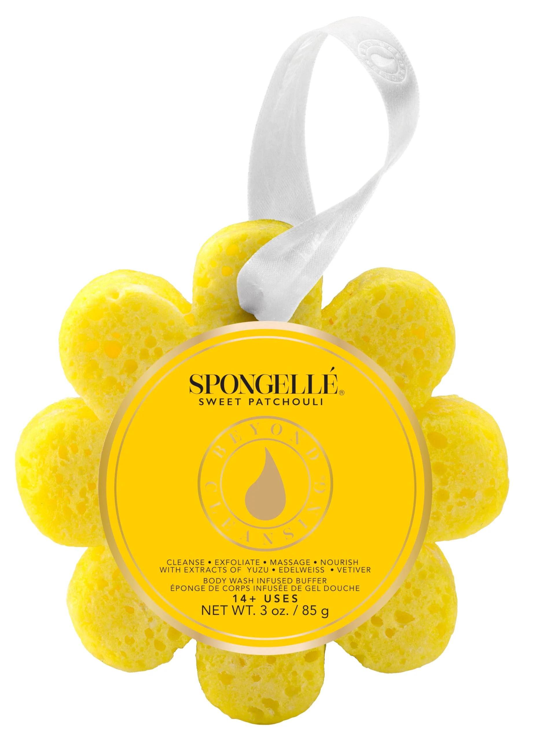 Healthy Spongellé Sweet Patchouli Wild Flower Bath Sponge - Built-in Body Wash Body Scrubber Shower Loofah Sponge for Women - 14 uses Easy-to-Use