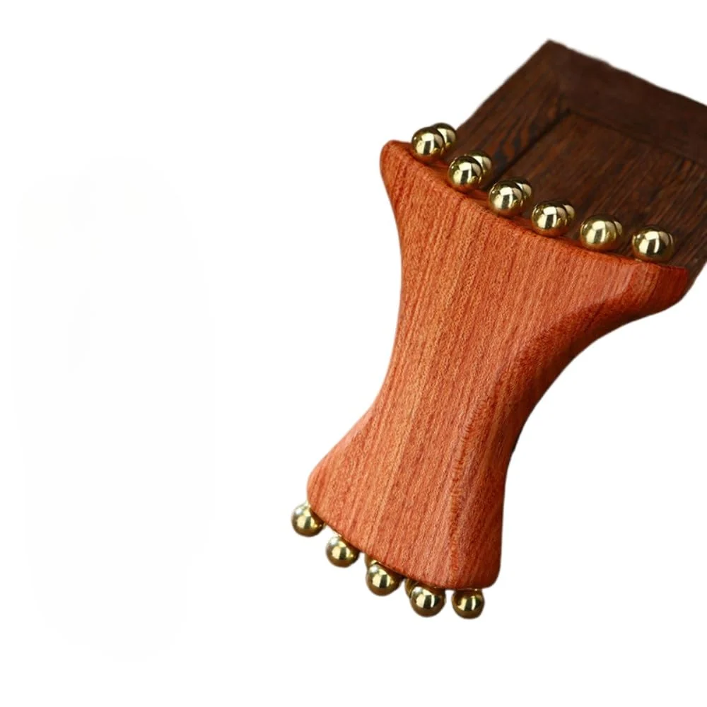 Reusable Brass Gua Sha Massage Tool for Face Lifting Anti-Aging Jawline Definition Nasolabial Folds Apple Cheek Lift - Wooden Handle Facial Roller Gold Innovative
