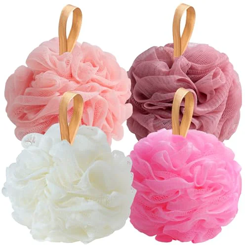 Modern Fishent Loofah Bath Sponge Shower Loofahs Pack of 4 Pink Soft Loofa Exfoliating Body Scrubber Mesh Shower Puff Pouf Ball Luffa for Women 50g pcs Genuine