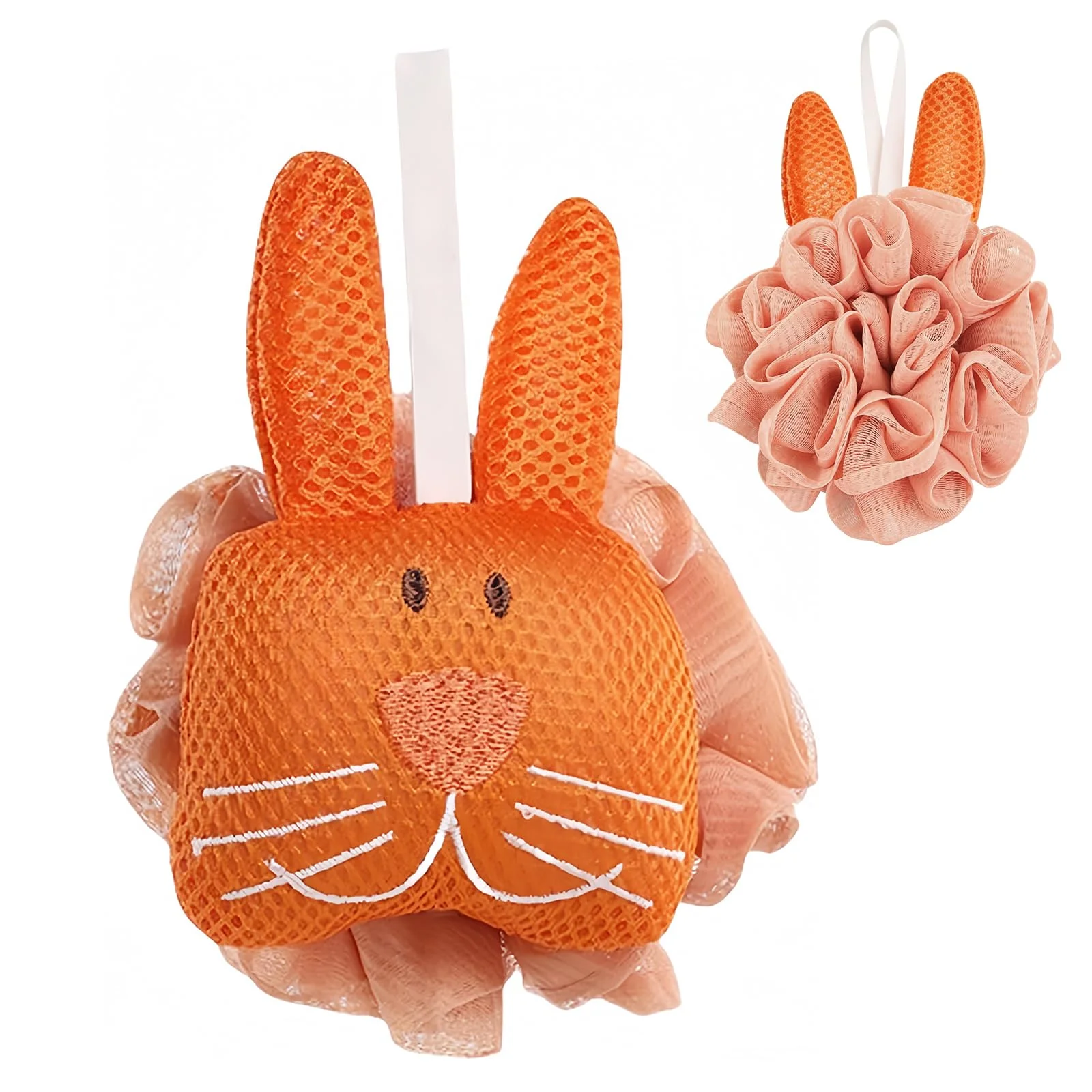 Fashionable Kids Loofah Cute Cartoon Animal Kids Bath Sponge with Hanging Rope Soft Double Mesh for Rich Lather Little Orange Rabbit Official