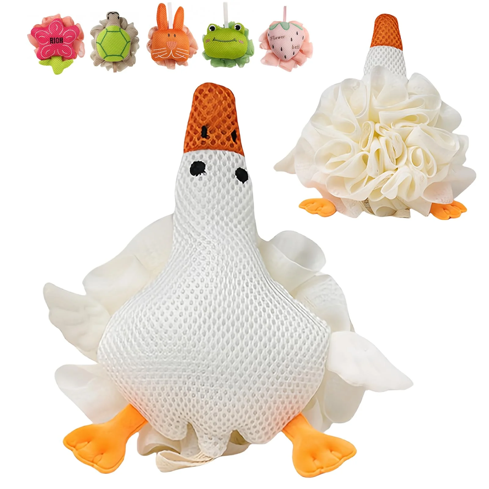 High-End Kids Loofah Cute Cartoon Animal Kids Bath Sponge with Hanging Rope Soft Double Mesh for Rich Lather Big White Goose Refined