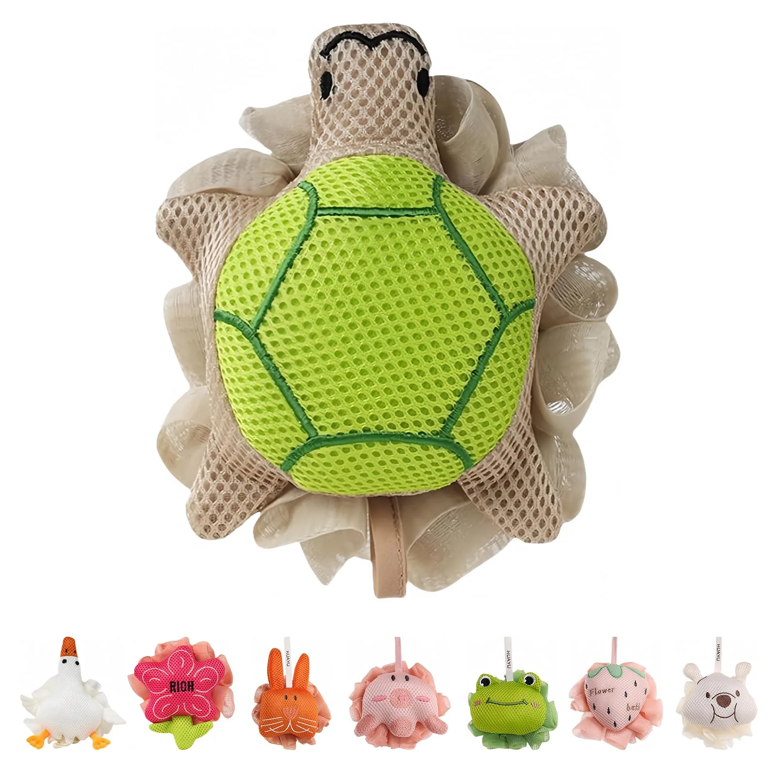 Crafted Kids Loofah Cute Cartoon Animal Kids Bath Sponge with Hanging Rope Soft Double Mesh for Rich Lather Little Turtle Solid