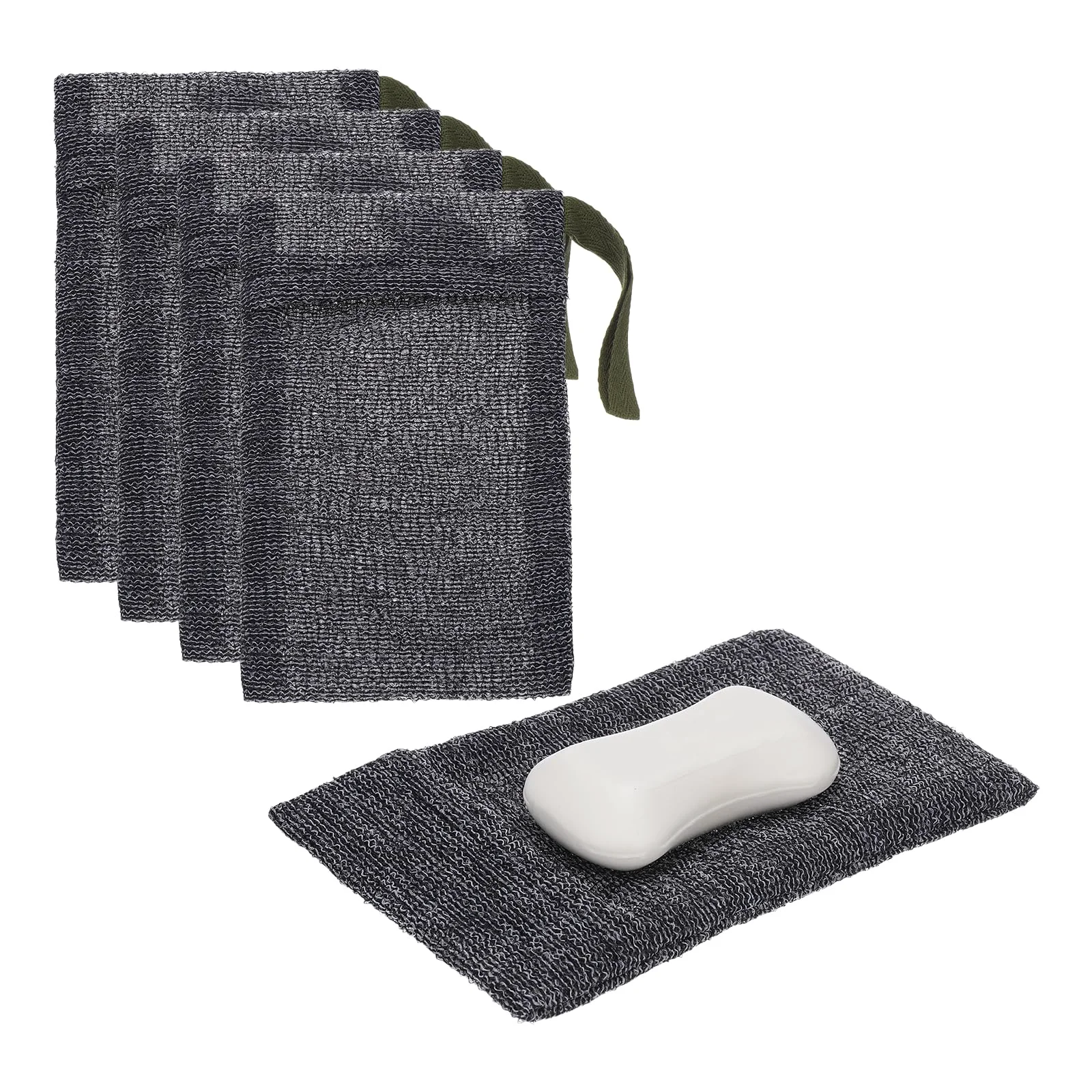 Clean uxcell Loofah Soap Pouch 4 Pcs Bar Soap Saver Bag with Dark Green Handle Nylon Body Scrubber Pouch Exfoliating Net for Body Shower Foaming Travel Detailed