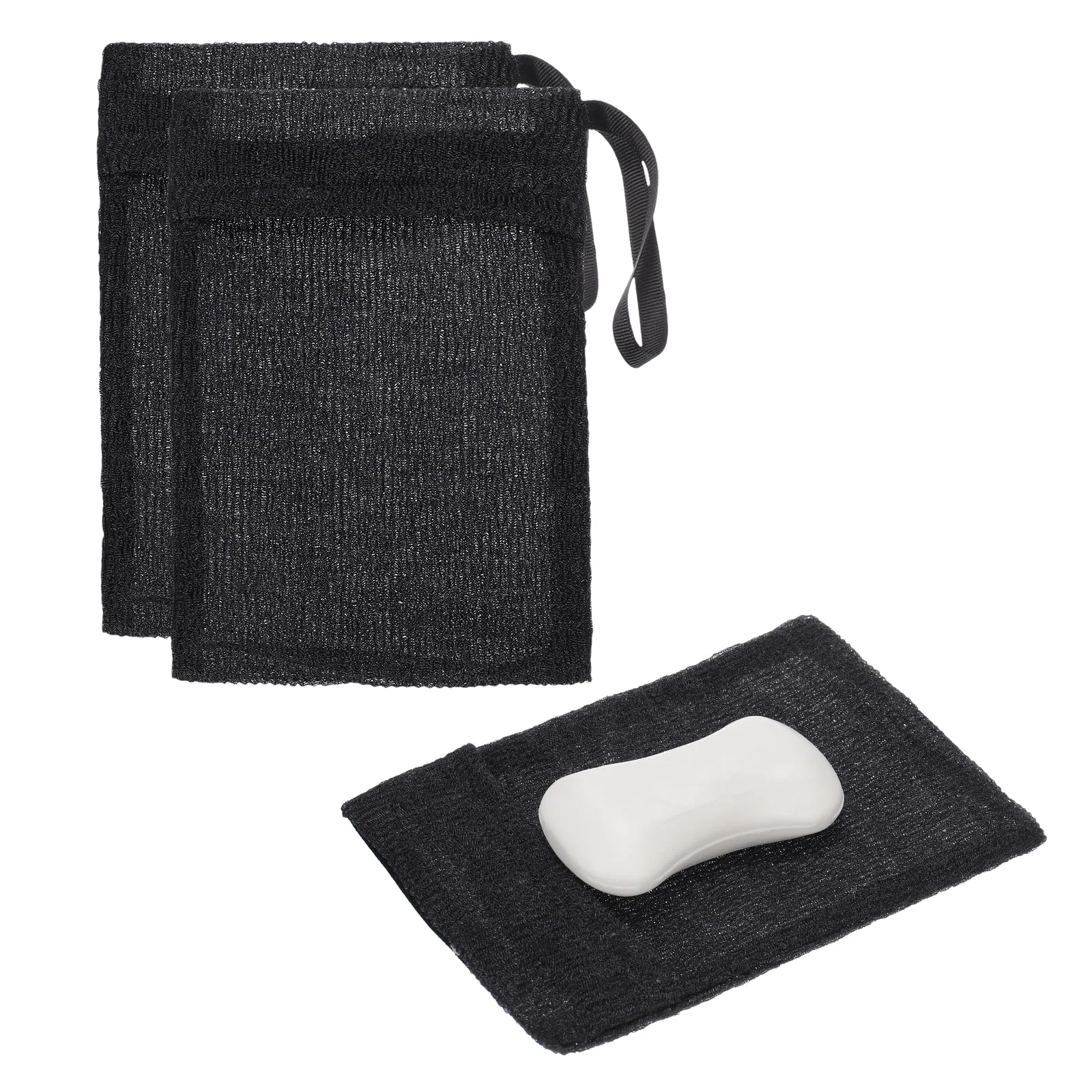 Authentic uxcell Loofah Soap Pouch 2 Pcs Bar Soap Saver Bag with Black Handle Nylon Body Scrubber Pouch Exfoliating Net for Body Shower Foaming Travel Camping High-End
