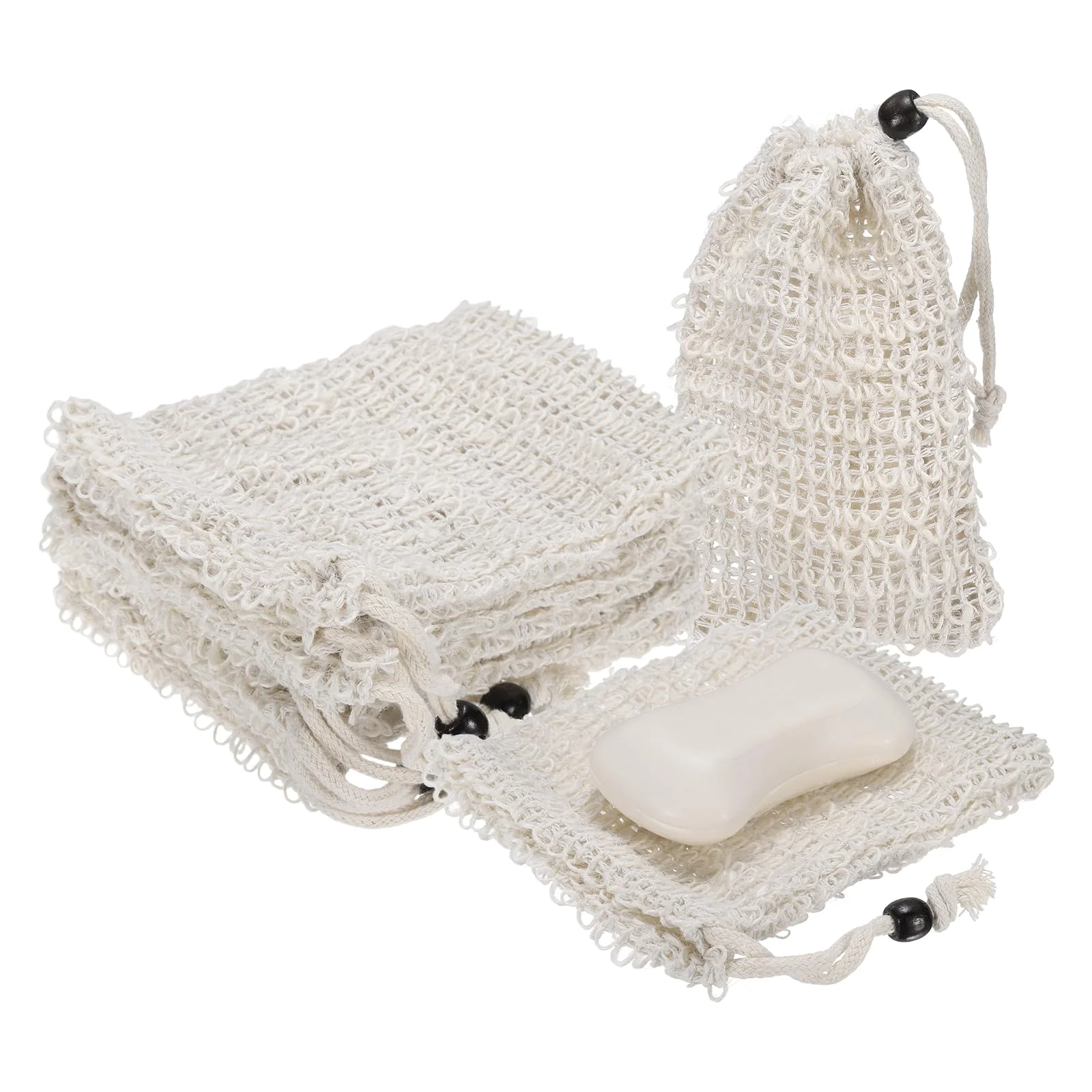 Soft uxcell 10 Pcs Soap Saver Bag 5.5 x4.7 Mesh Soap Bag with Drawstring Brown Wooden Bead Cotton Scrubber Pouch Exfoliating Net for Body Shower Foaming Functional