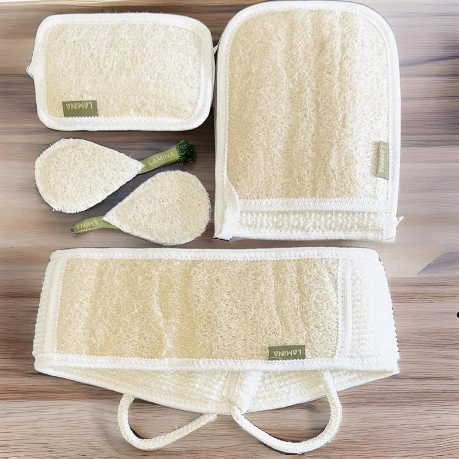 Elite 4 PCS - Lamina Natural-Organic Loofah Sponge Body Scrubber Shower Beth Loofah Back Long Double Sided Mitt Mini Mitt and Face loofah Modern