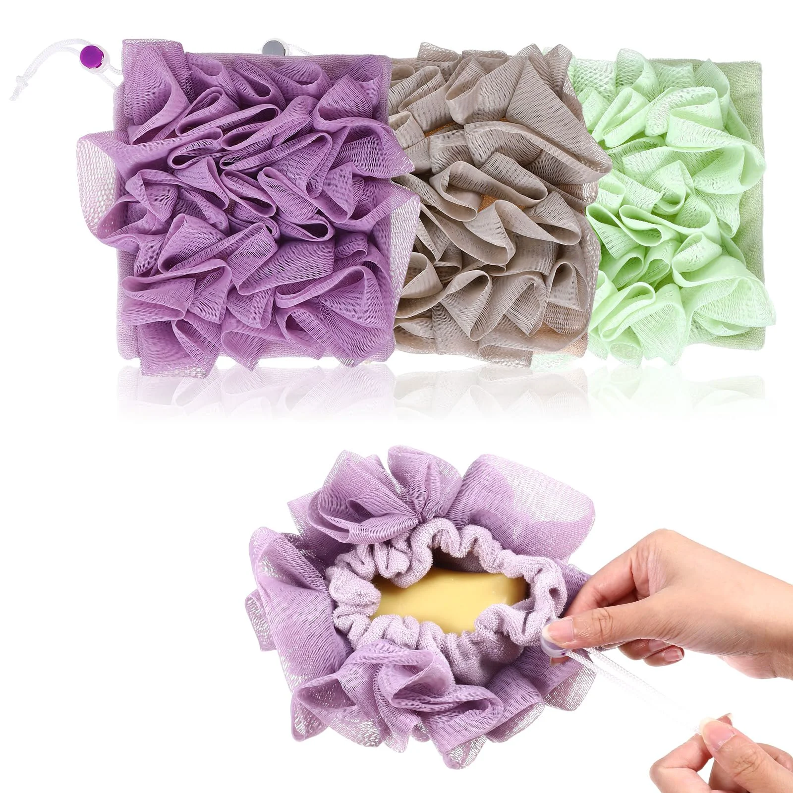 Comfortable WJIAAA Loofah Washcloth Combo 3 Pack 2-in-1 Exfoliating Shower Pouf Soap Pocket Drawstring Exfoliation Mesh Ball Hold Bar Soap Loofah Washcloth Body High-End